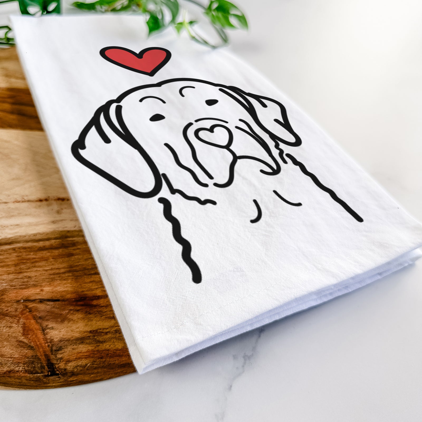 Minimalist line drawing of a Chesapeake Bay Retriever with a red heart on a tea towel