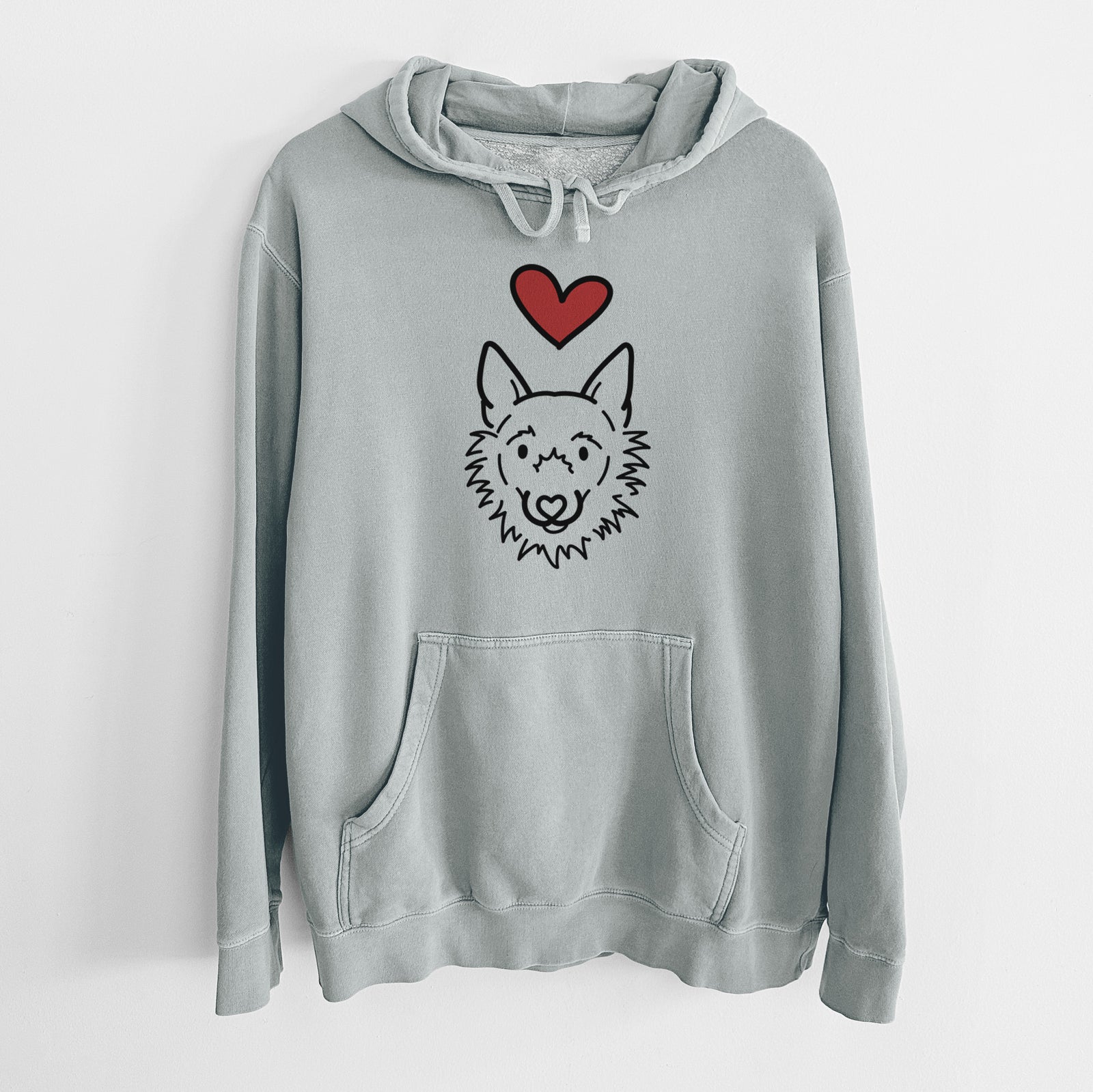 Minimalist line drawing of Chewy the Super Mutt with a red heart on a Sage Unisex pigment dyed hoodie