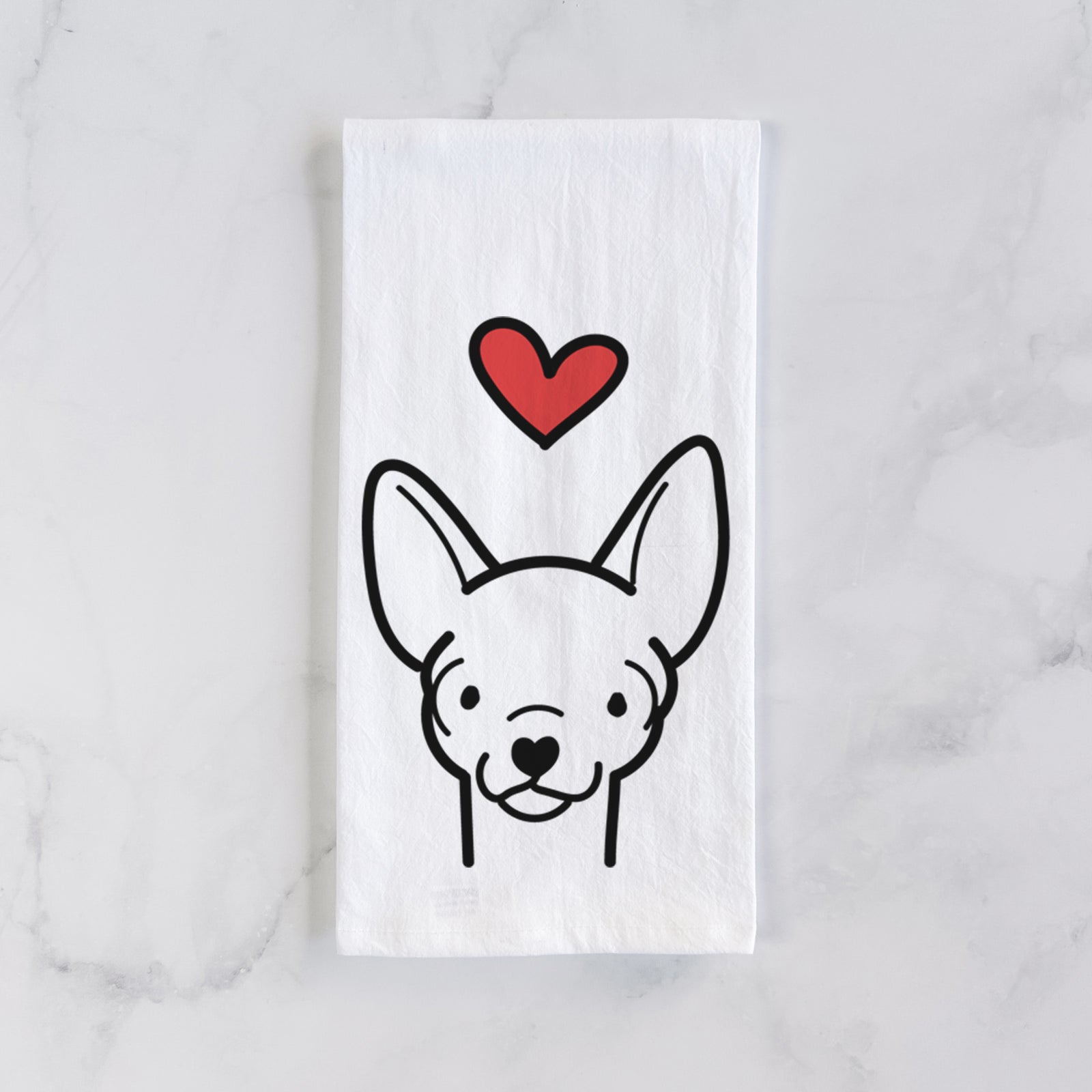 Minimalist line drawing of a Chihuahua with a red heart on a tea towel