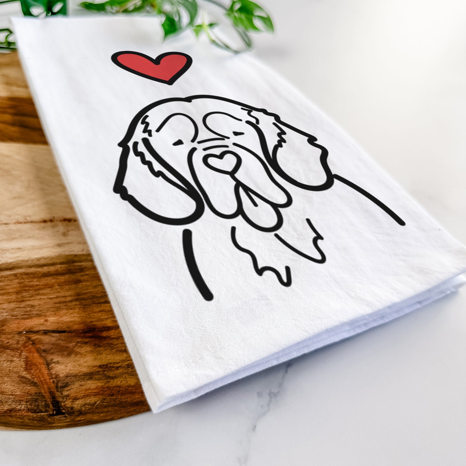 Minimalist line drawing of a Clumber Spaniel with a red heart on a tea towel