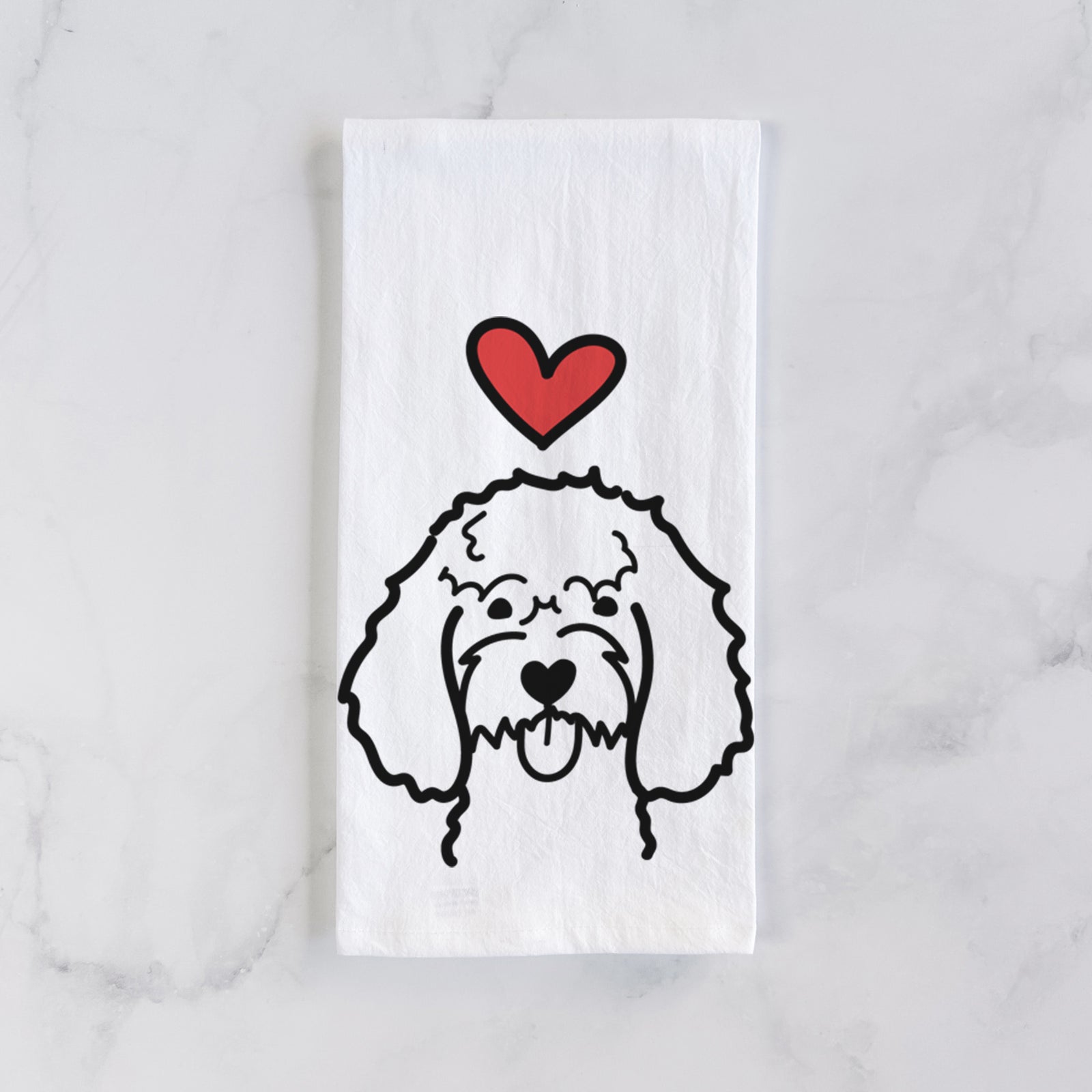 Minimalist line drawing of a Cockapoo with a red heart on a tea towel