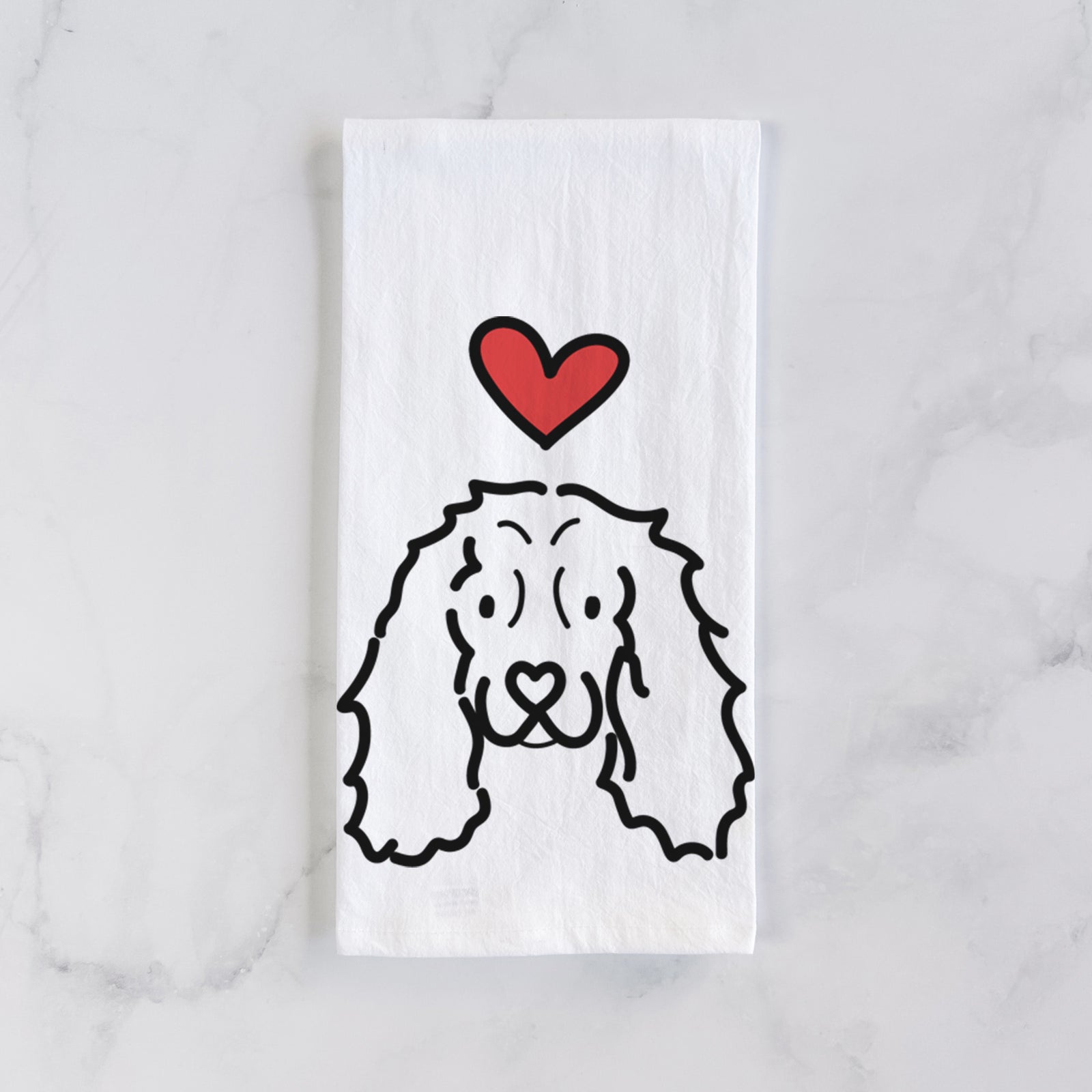 Minimalist line drawing of an American Cocker Spaniel with a red heart on a tea towel
