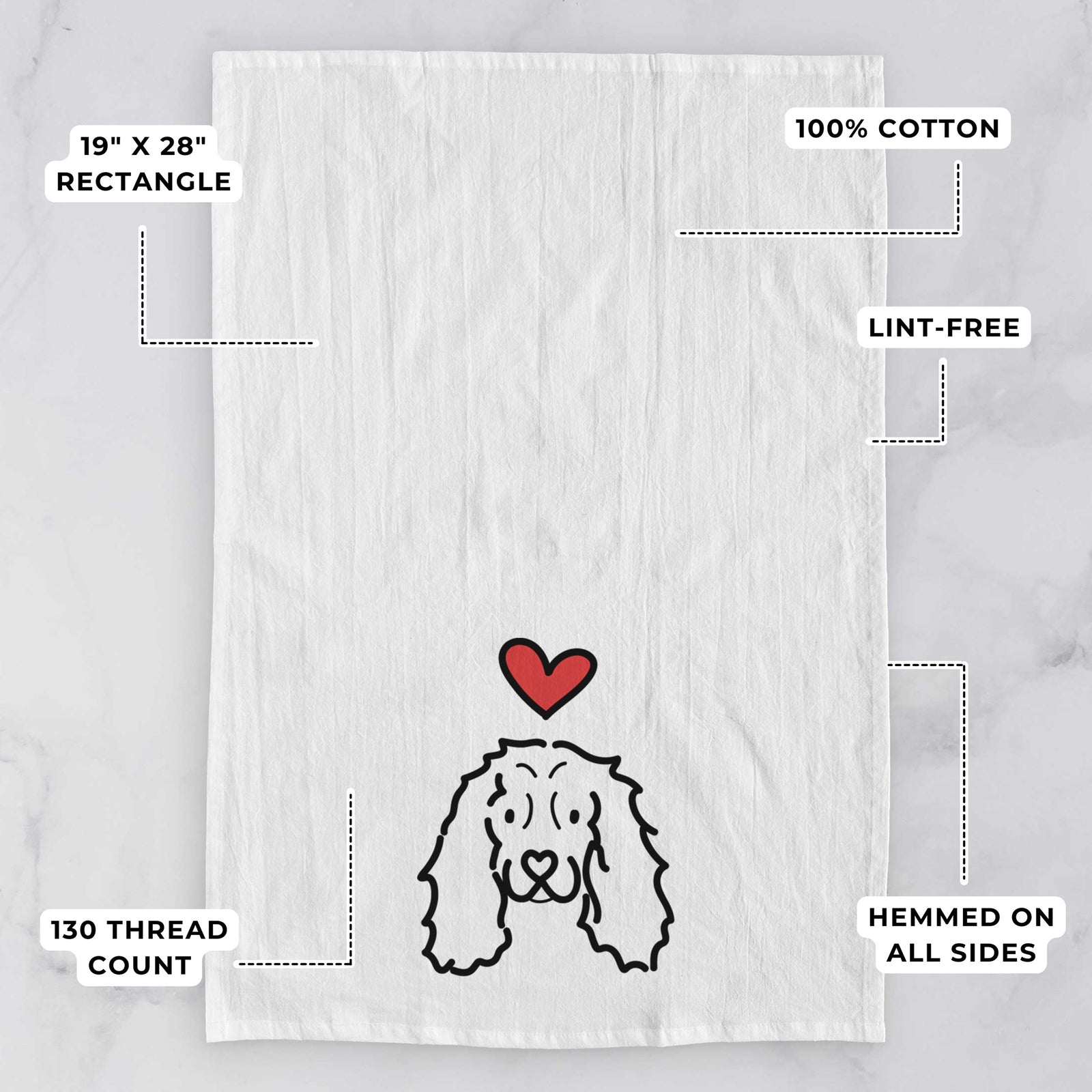 Minimalist line drawing of an American Cocker Spaniel with a red heart on a tea towel, with feature callouts: 19 x 28 inch rectangle, 100% cotton, lint-free, 120 thread count, hemmed on all sides