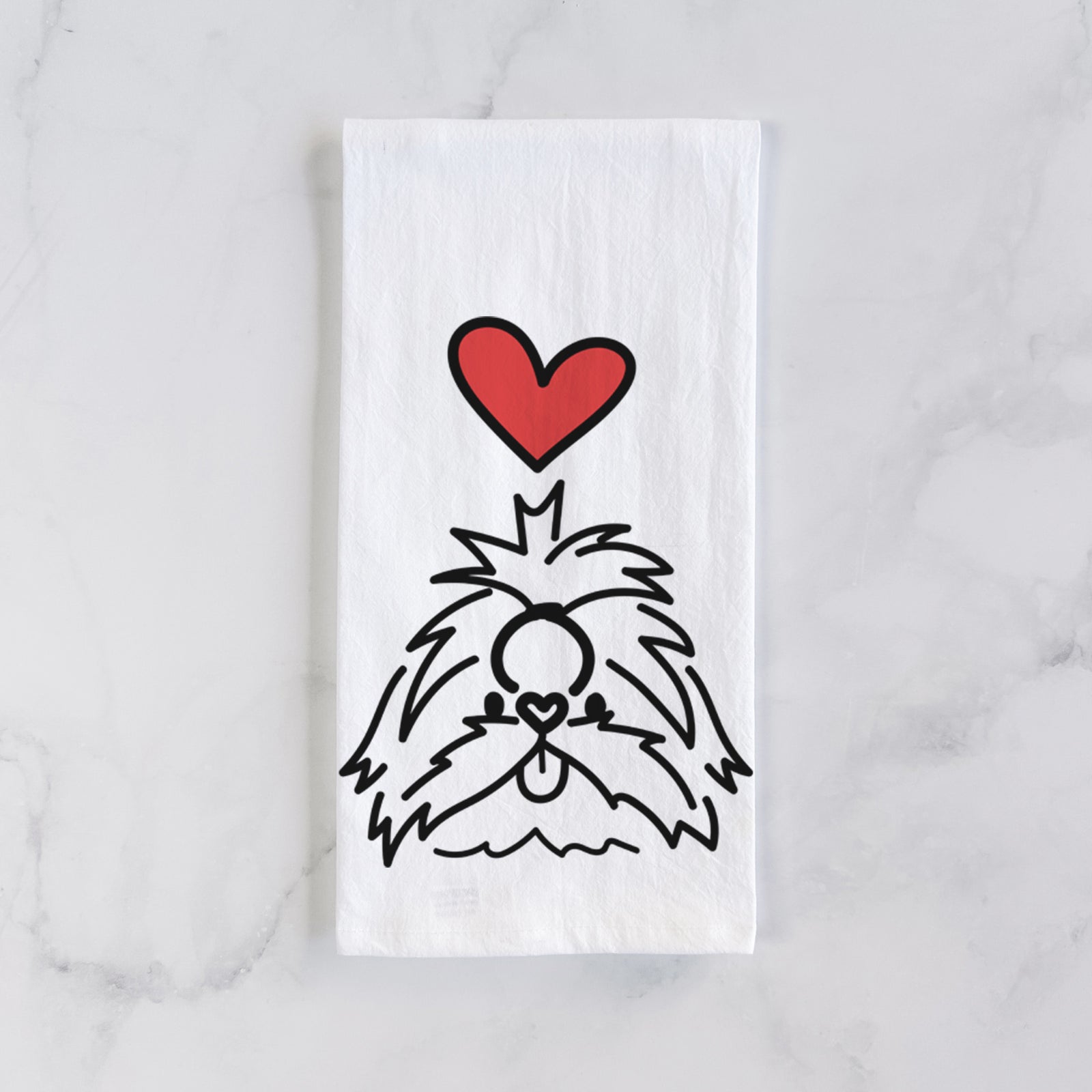 Minimalist line drawing of CoCo the Shih Tzu with a red heart on a tea towel