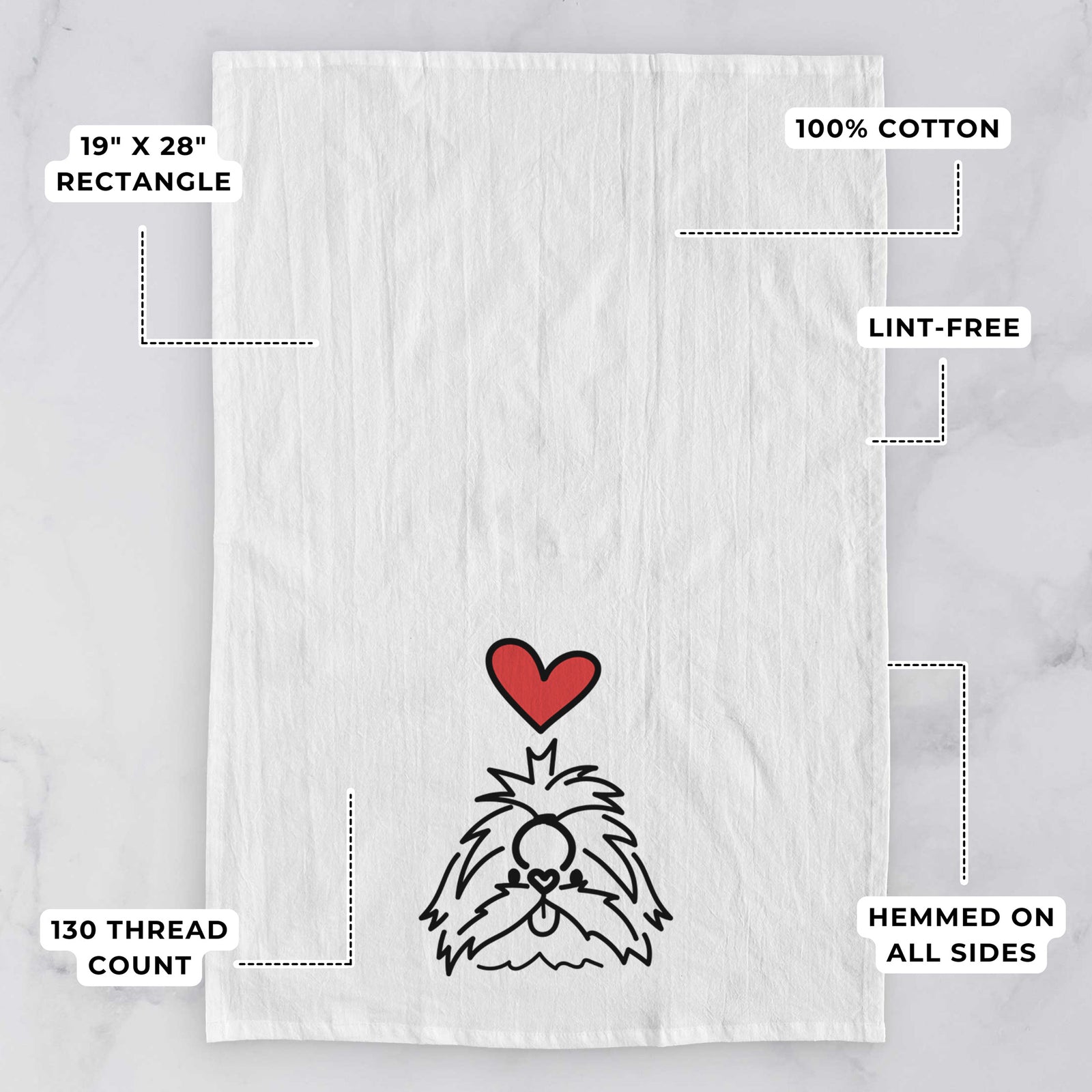 Minimalist line drawing of CoCo the Shih Tzu with a red heart on a tea towel, with feature callouts: 19 x 28 inch rectangle, 100% cotton, lint-free, 120 thread count, hemmed on all sides