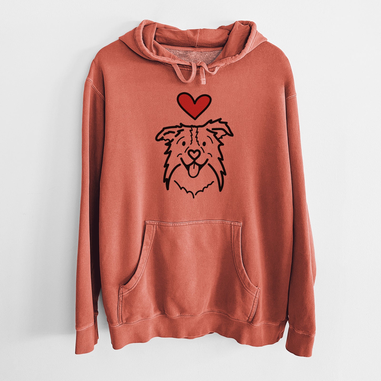 Minimalist line drawing of Cricket the Border Collie with a red heart on an Amber Unisex pigment dyed hoodie