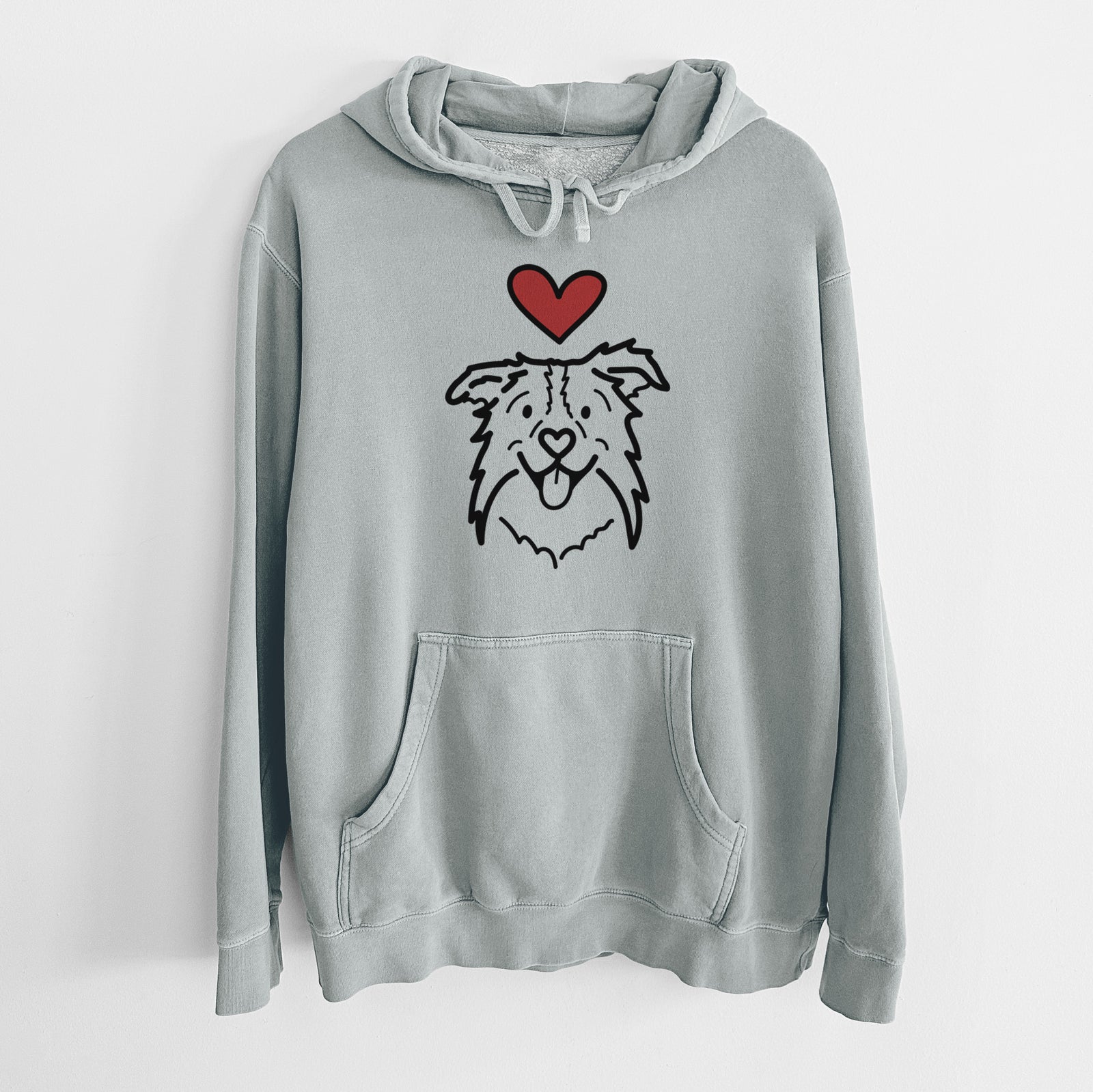 Minimalist line drawing of Cricket the Border Collie with a red heart on a Sage Unisex pigment dyed hoodie