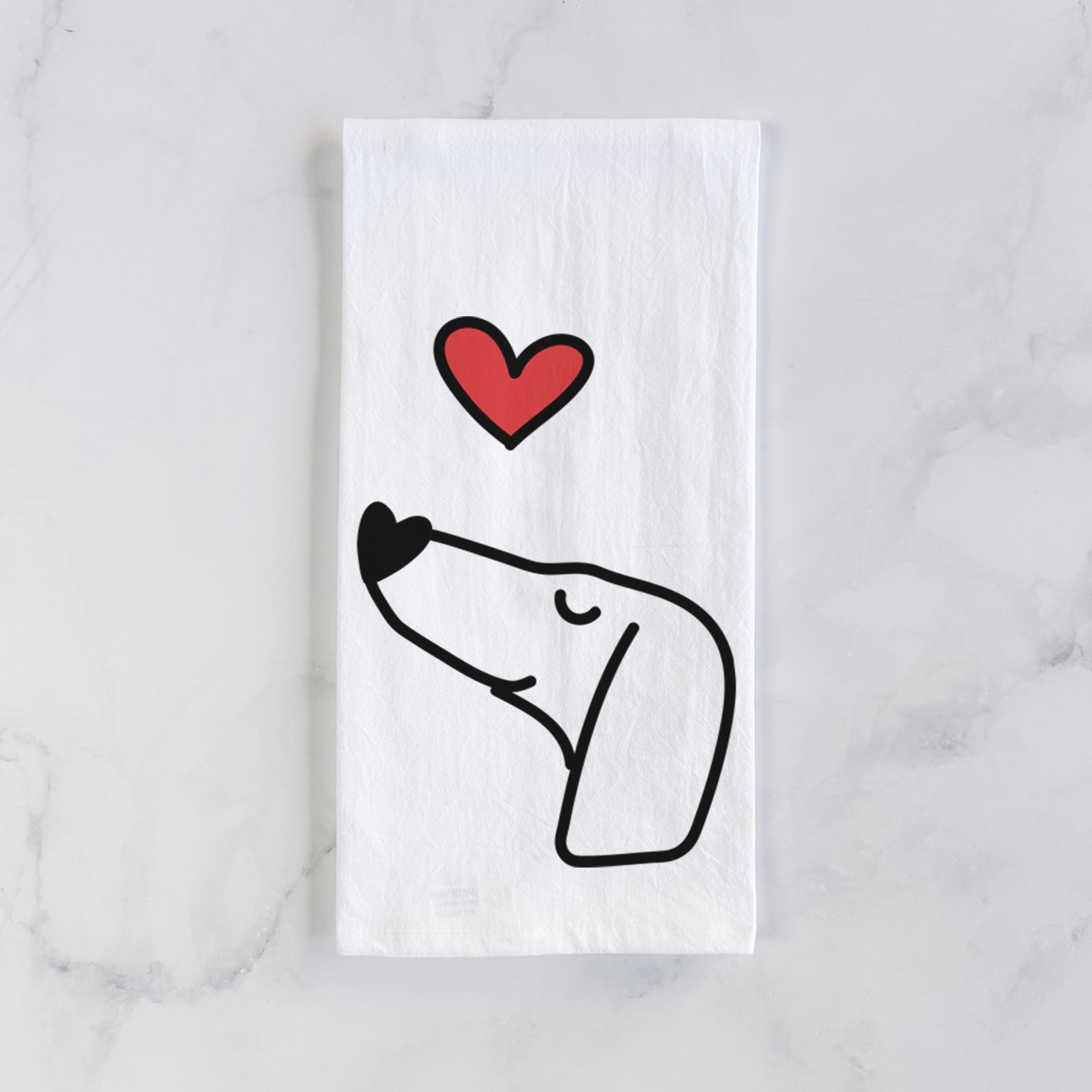 Minimalist line drawing of a Dachshund with a red heart on a tea towel