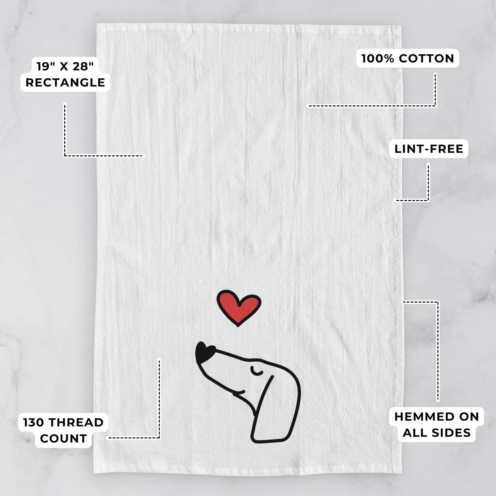 Minimalist line drawing of a Dachshund with a red heart on a tea towel, with feature callouts: 19 x 28 inch rectangle, 100% cotton, lint-free, 120 thread count, hemmed on all sides