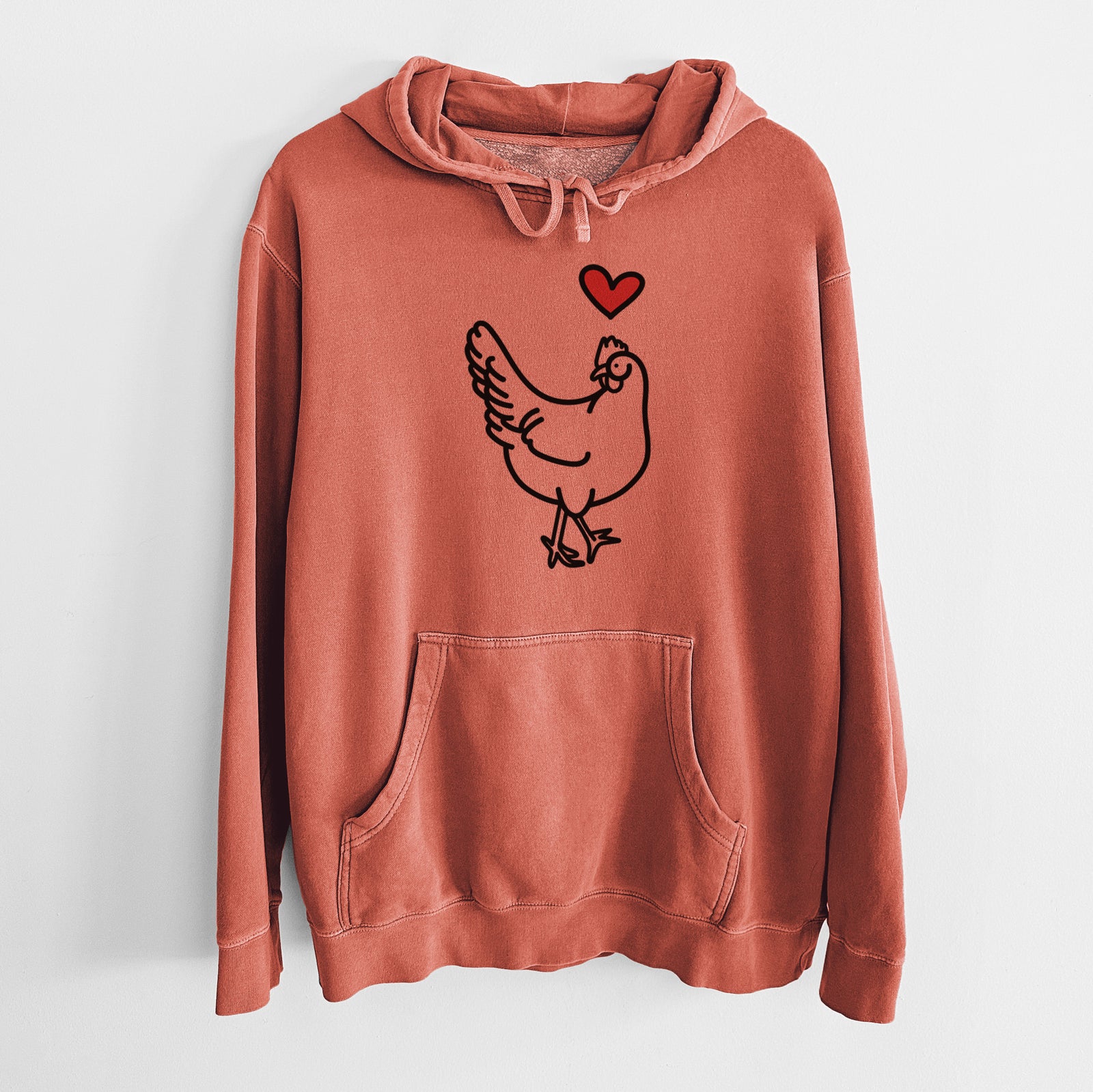 Minimalist line drawing of Daisy the Chicken with a red heart on an Amber Unisex pigment dyed hoodie