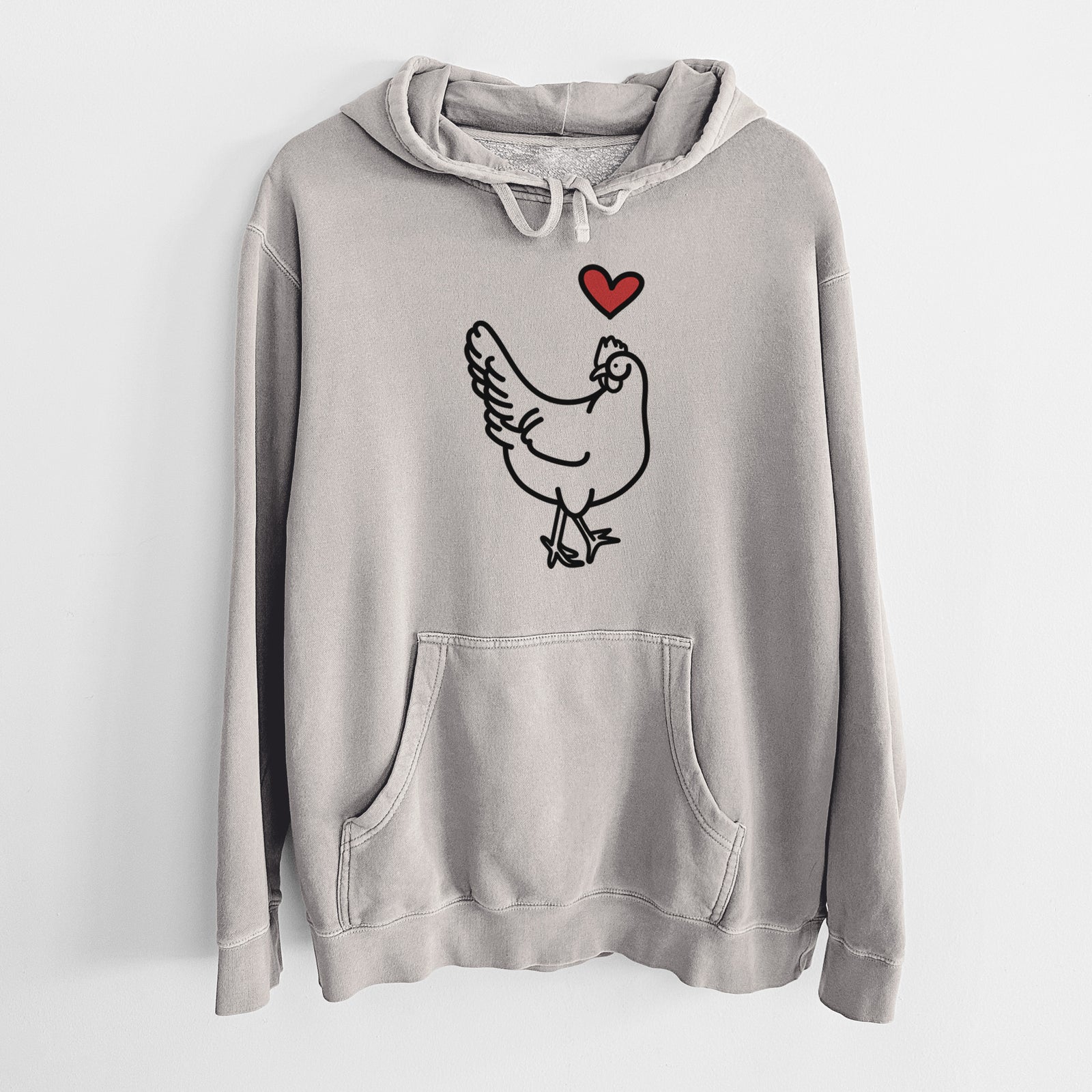 Minimalist line drawing of Daisy the Chicken with a red heart on a Cement Unisex pigment dyed hoodie
