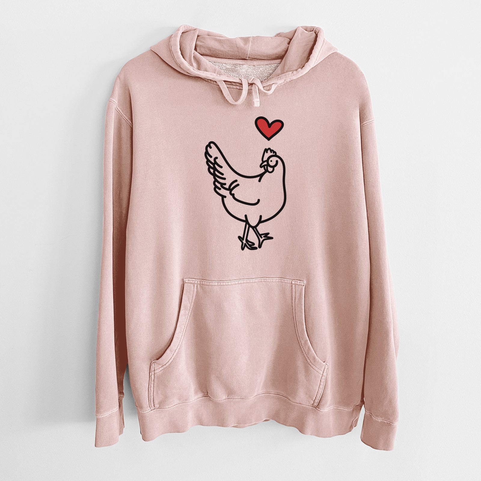 Minimalist line drawing of Daisy the Chicken with a red heart on a Dusty Pink Unisex pigment dyed hoodie