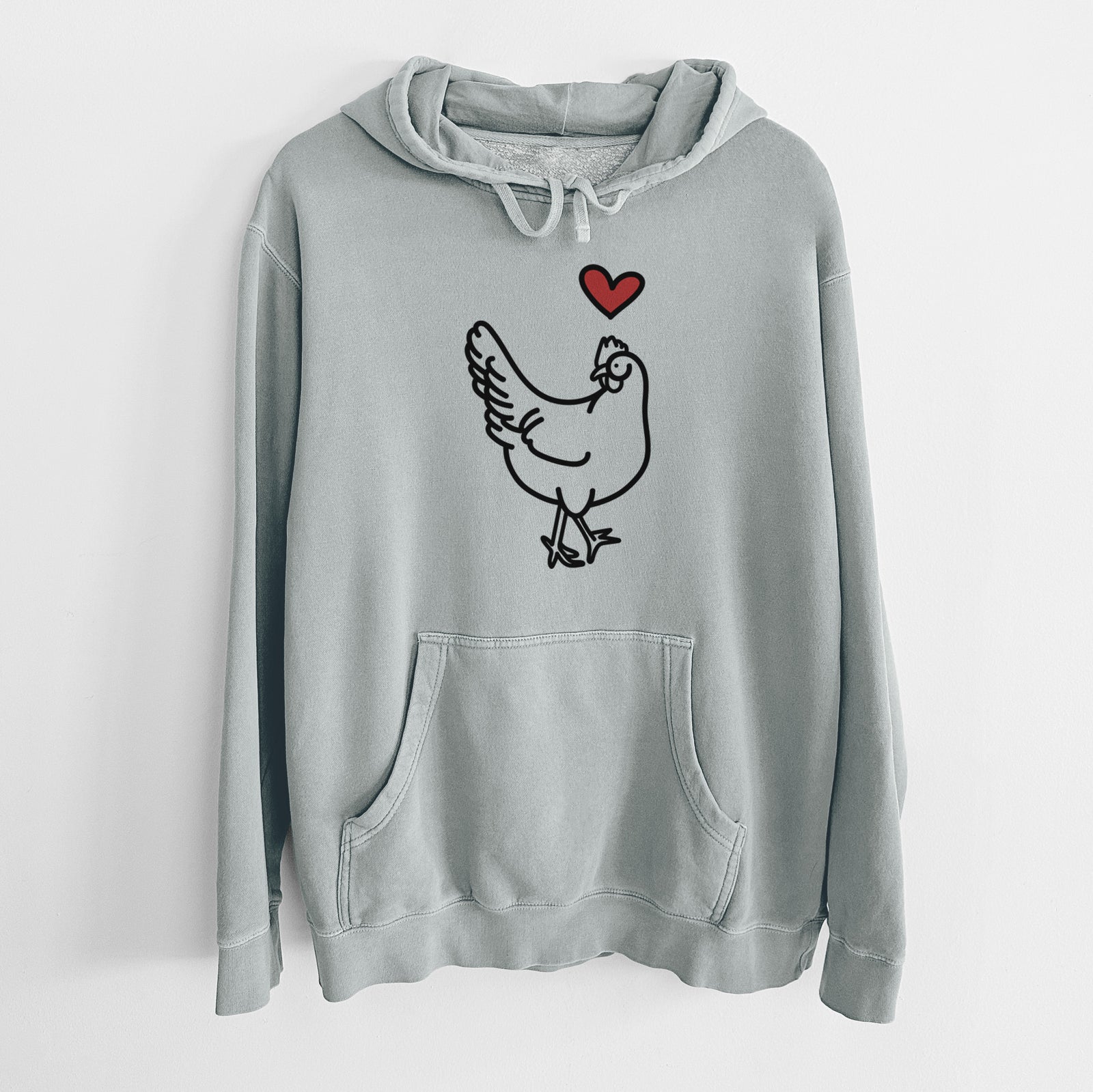 Minimalist line drawing of Daisy the Chicken with a red heart on a Sage Unisex pigment dyed hoodie
