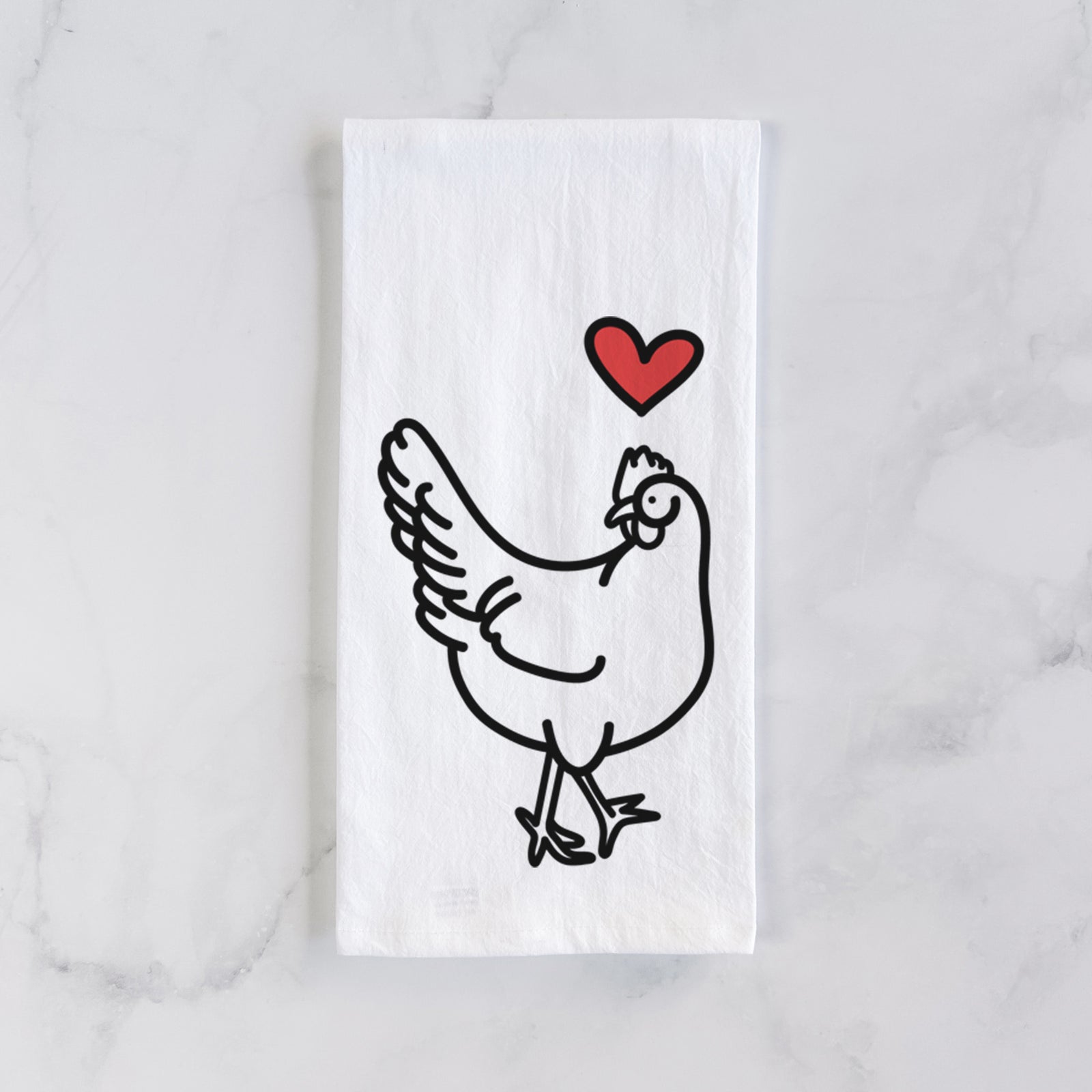 Minimalist line drawing of Daisy the Chicken with a red heart on a tea towel