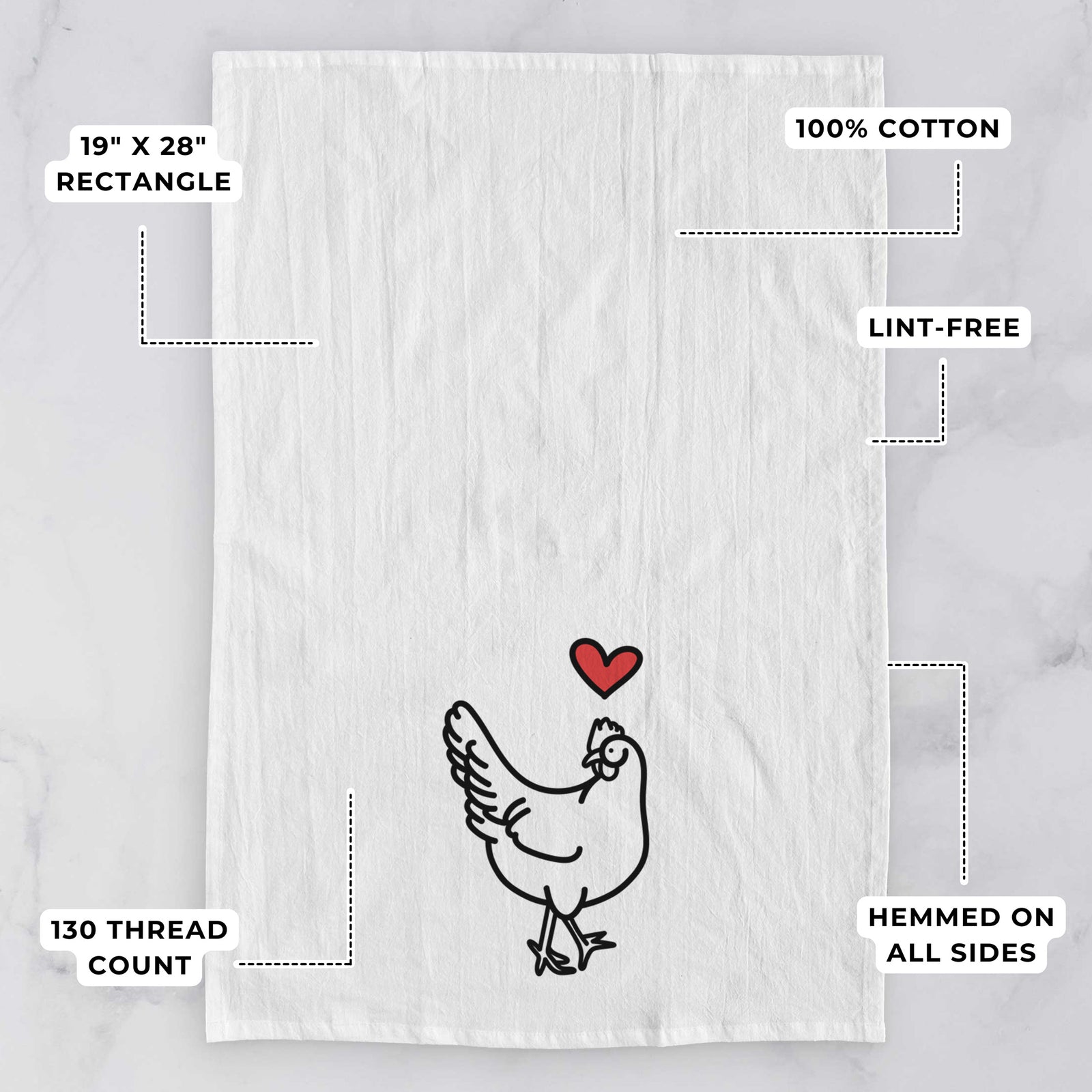 Minimalist line drawing of Daisy the Chicken with a red heart on a tea towel, with feature callouts: 19 x 28 inch rectangle, 100% cotton, lint-free, 120 thread count, hemmed on all sides