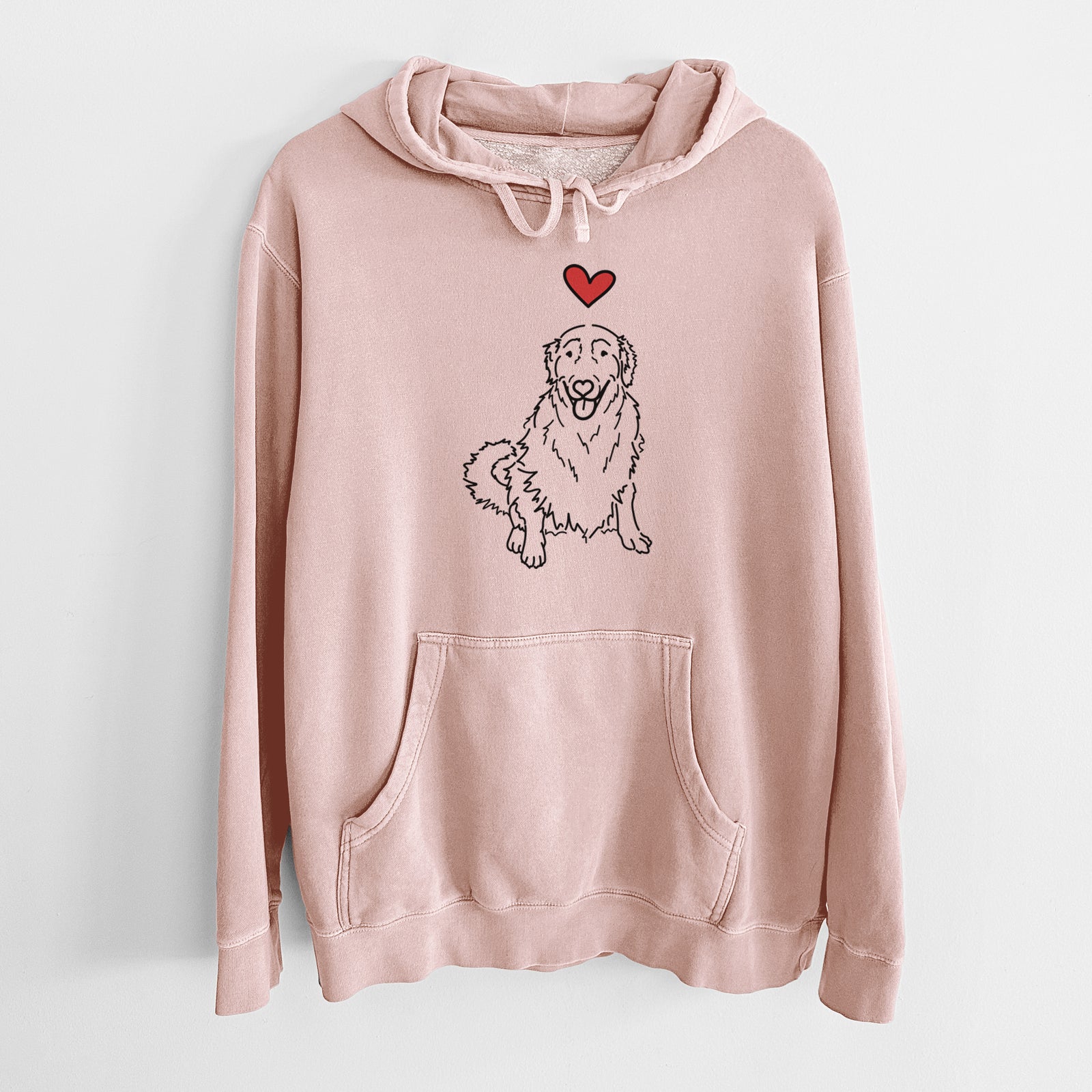 Minimalist line drawing of Daisy the Golden Retriever with a red heart on a Dusty Pink Unisex pigment dyed hoodie