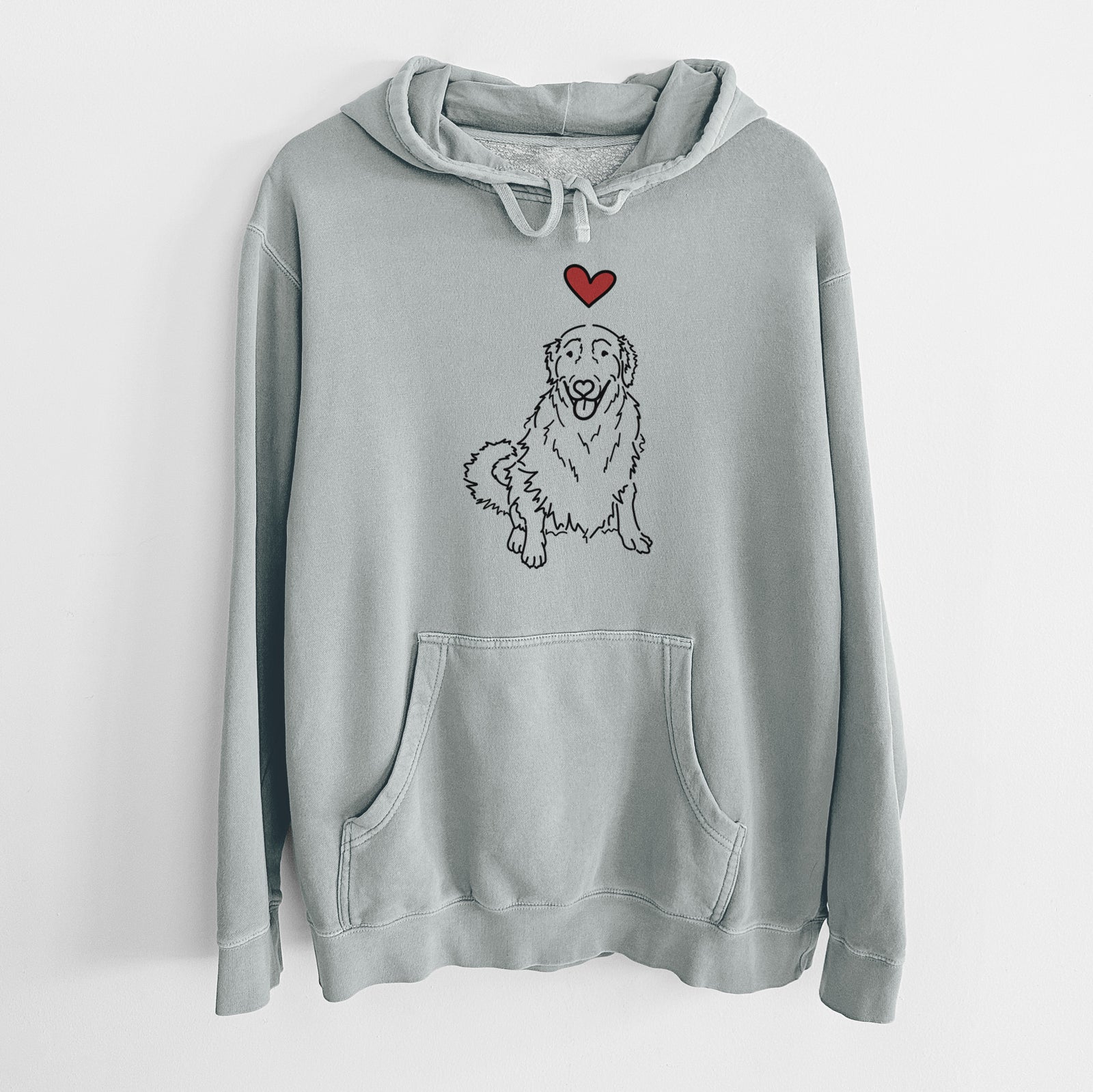 Minimalist line drawing of Daisy the Golden Retriever with a red heart on a Sage Unisex pigment dyed hoodie