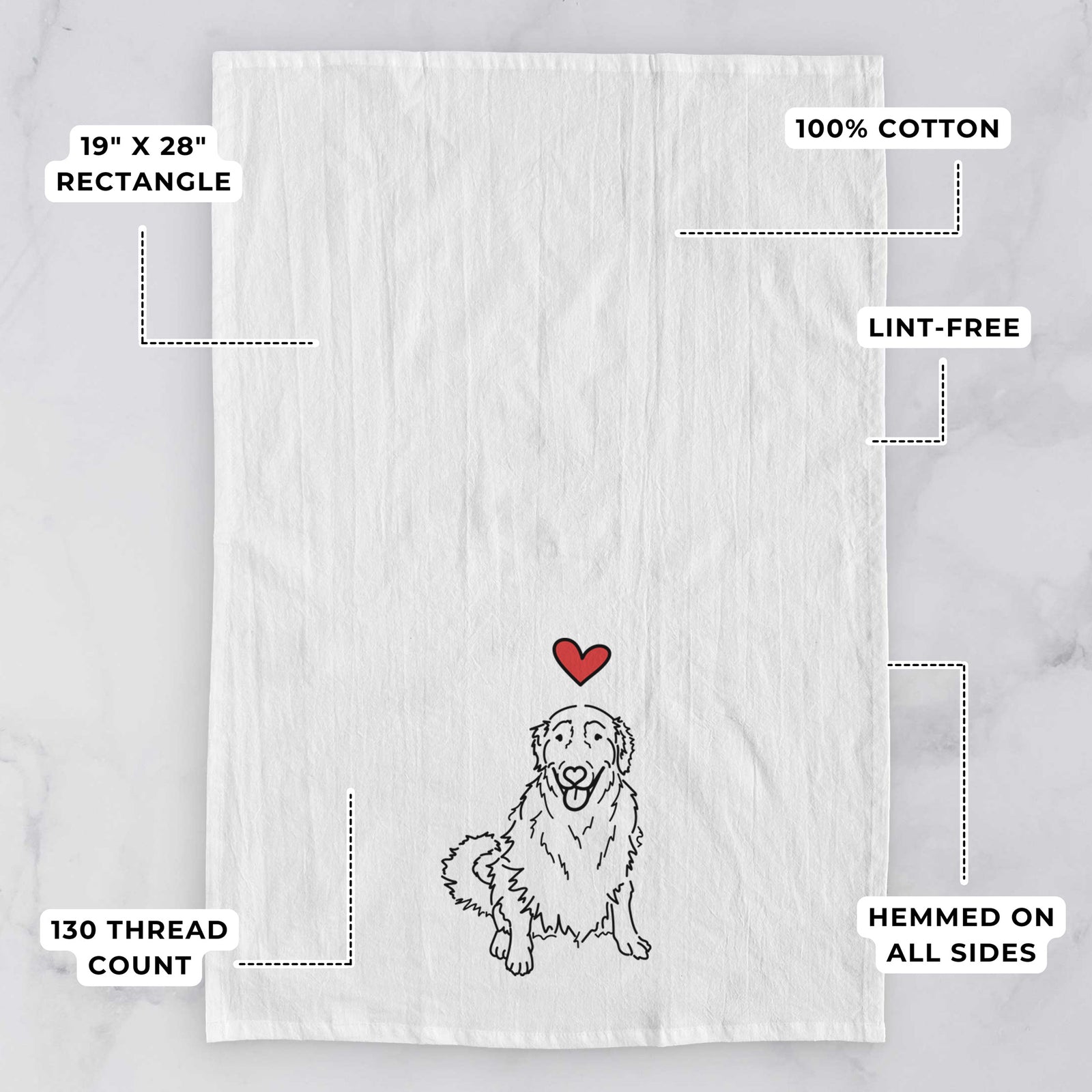 Minimalist line drawing of Daisy the Golden Retriever with a red heart on a tea towel, with feature callouts: 19 x 28 inch rectangle, 100% cotton, lint-free, 120 thread count, hemmed on all sides