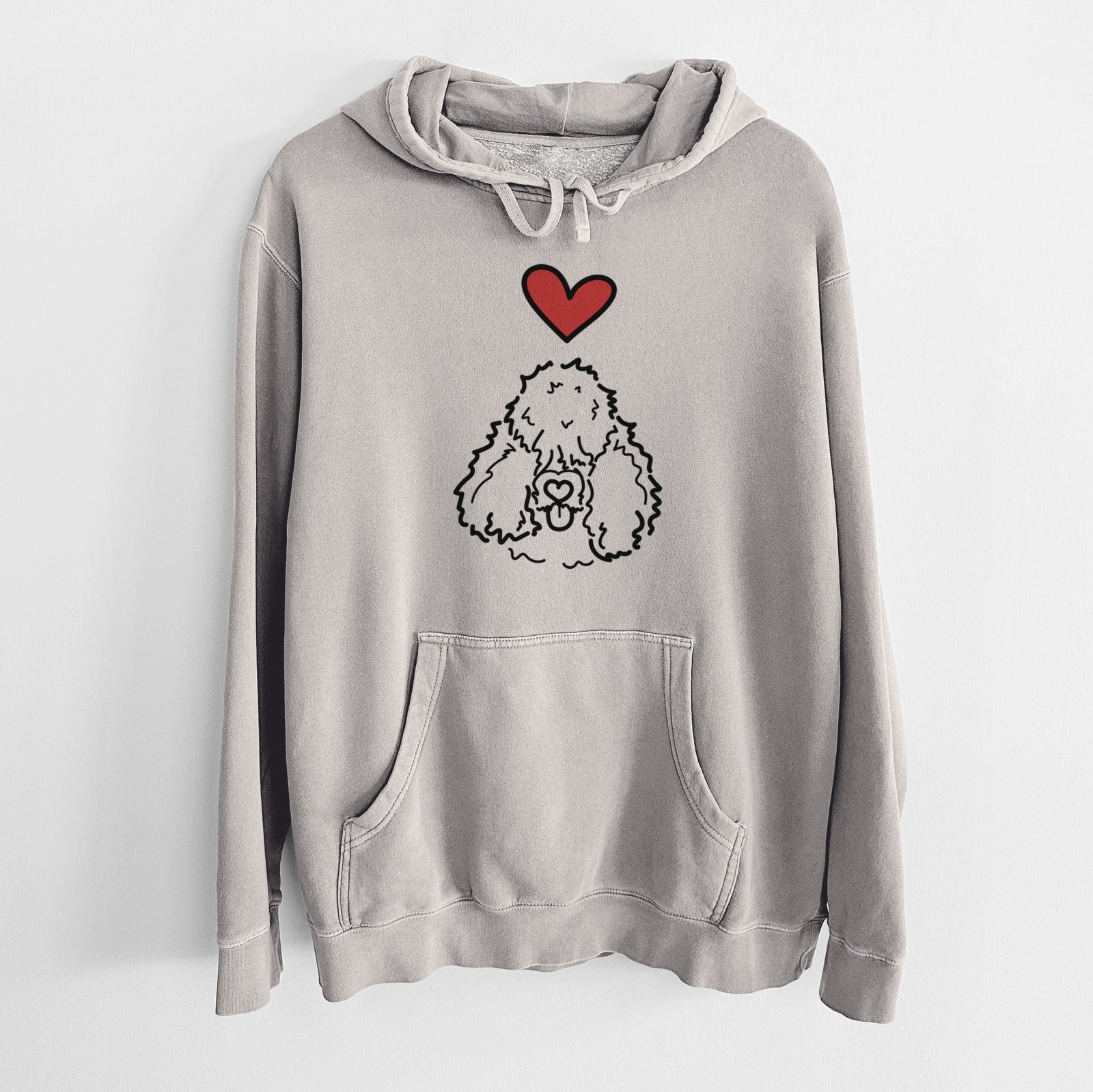 Minimalist line drawing of Deeogey the Bouvier des Flandres with a red heart on a Cement Unisex pigment dyed hoodie