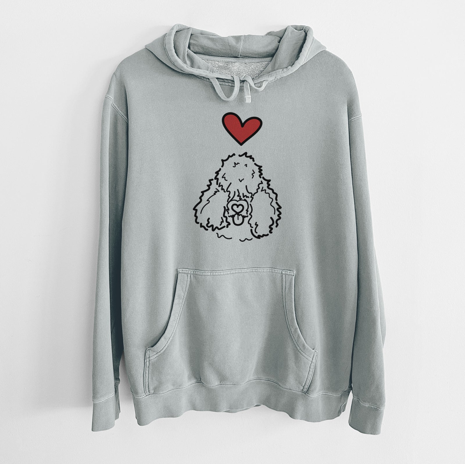 Minimalist line drawing of Deeogey the Bouvier des Flandres with a red heart on a Sage Unisex pigment dyed hoodie