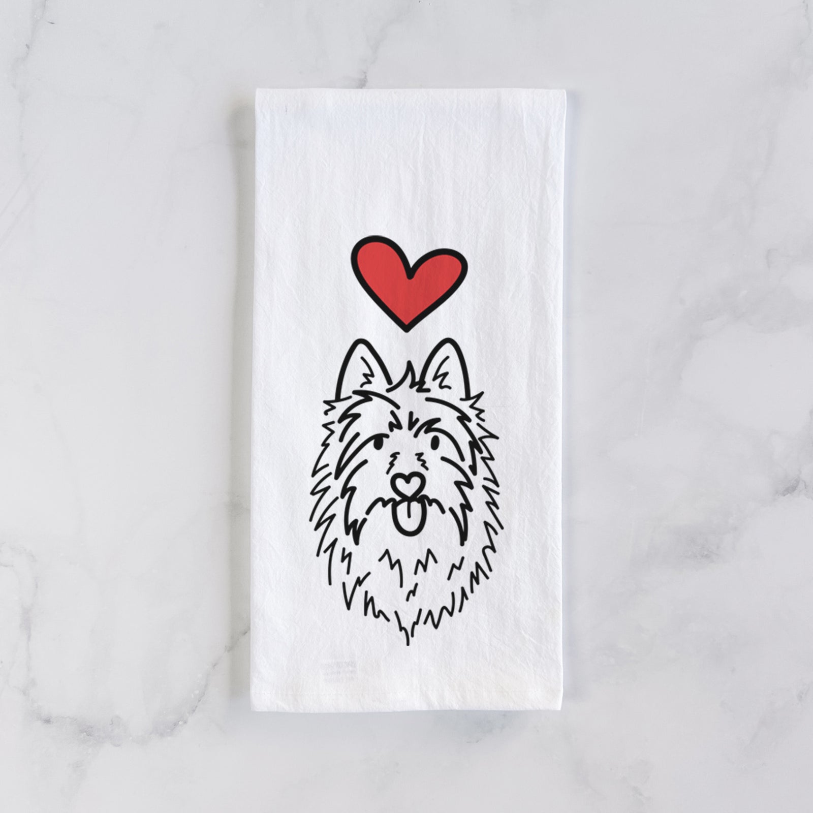 Minimalist line drawing of Digger the Australian Terrier with a red heart on a tea towel