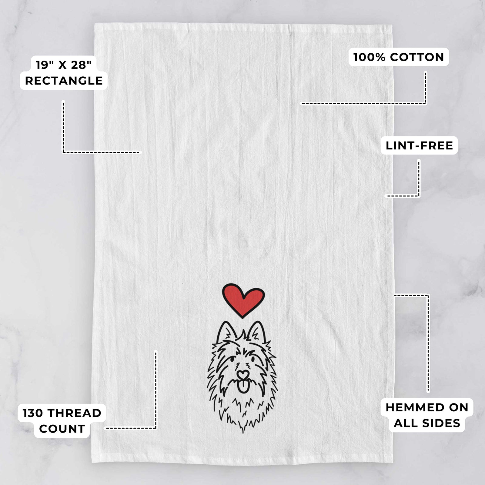 Minimalist line drawing of Digger the Australian Terrier with a red heart on a tea towel, with feature callouts: 19 x 28 inch rectangle, 100% cotton, lint-free, 120 thread count, hemmed on all sides