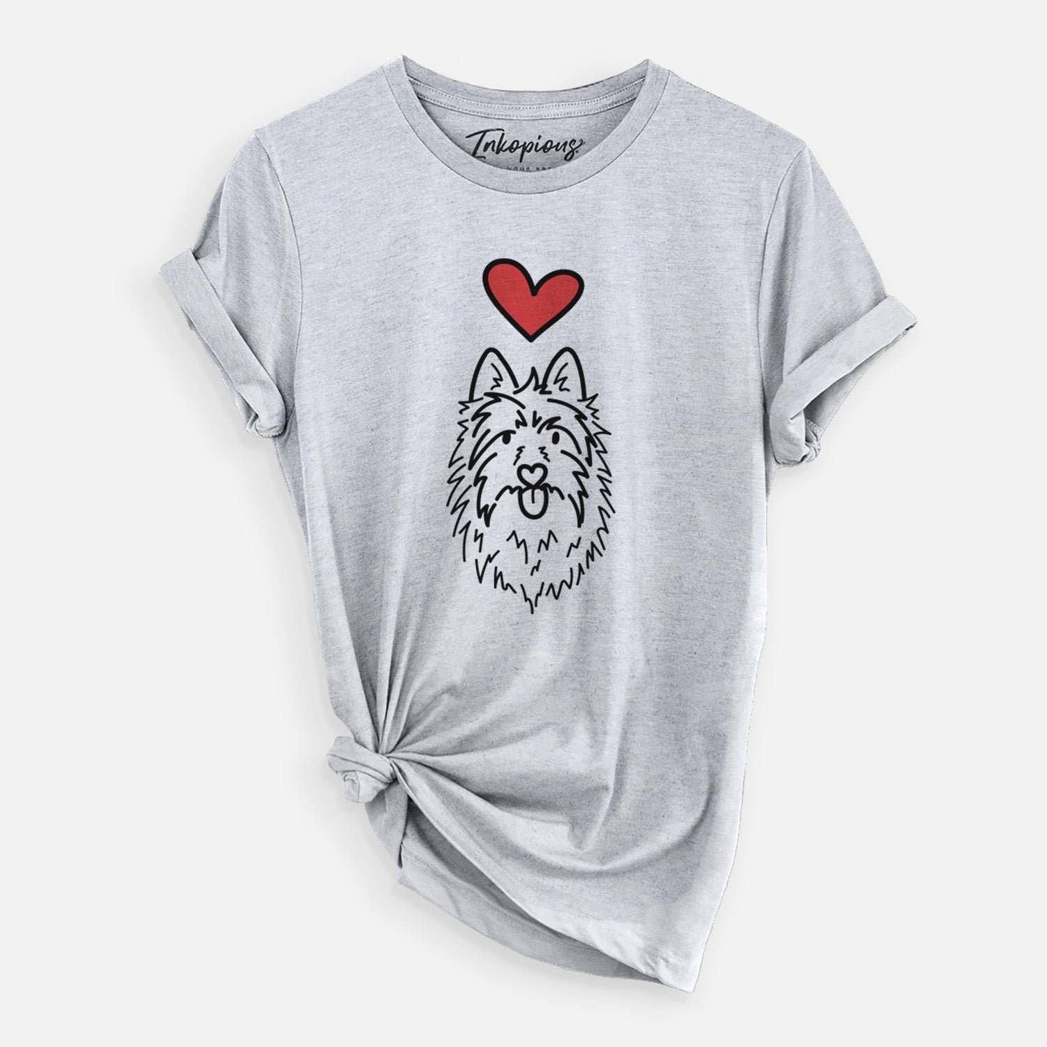 Minimalist line drawing of Digger the Australian Terrier with a red heart on a Grey Unisex crewneck