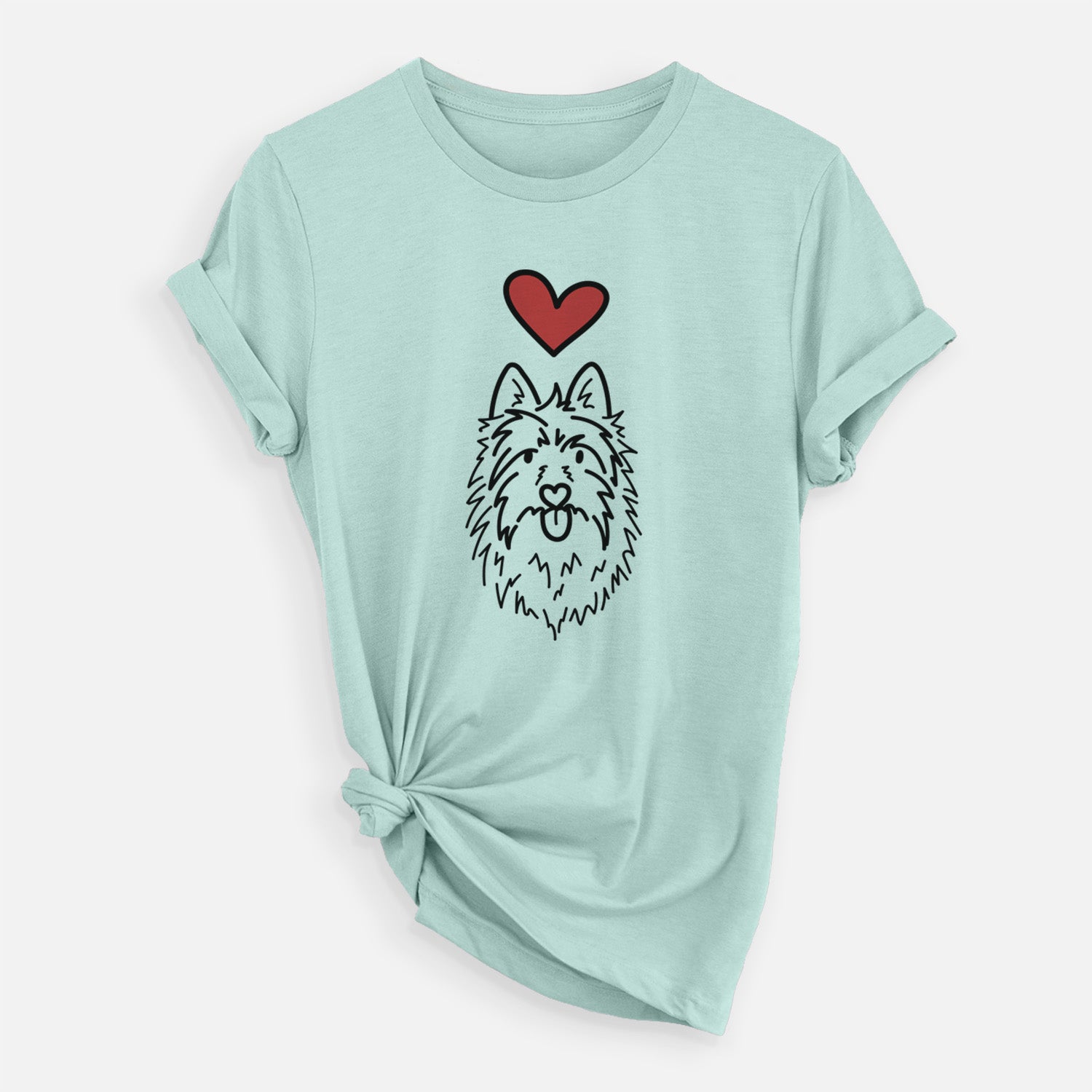 Minimalist line drawing of Digger the Australian Terrier with a red heart on a Heather Sage Unisex crewneck