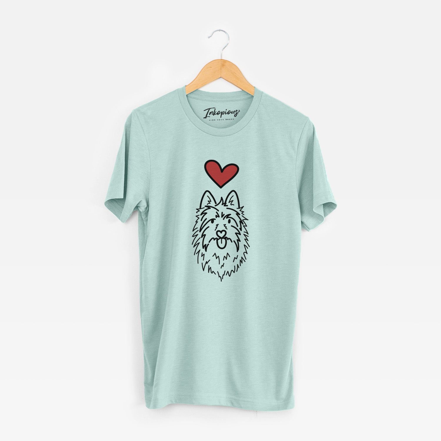Minimalist line drawing of Digger the Australian Terrier with a red heart on a Heather Sage Unisex crewneck