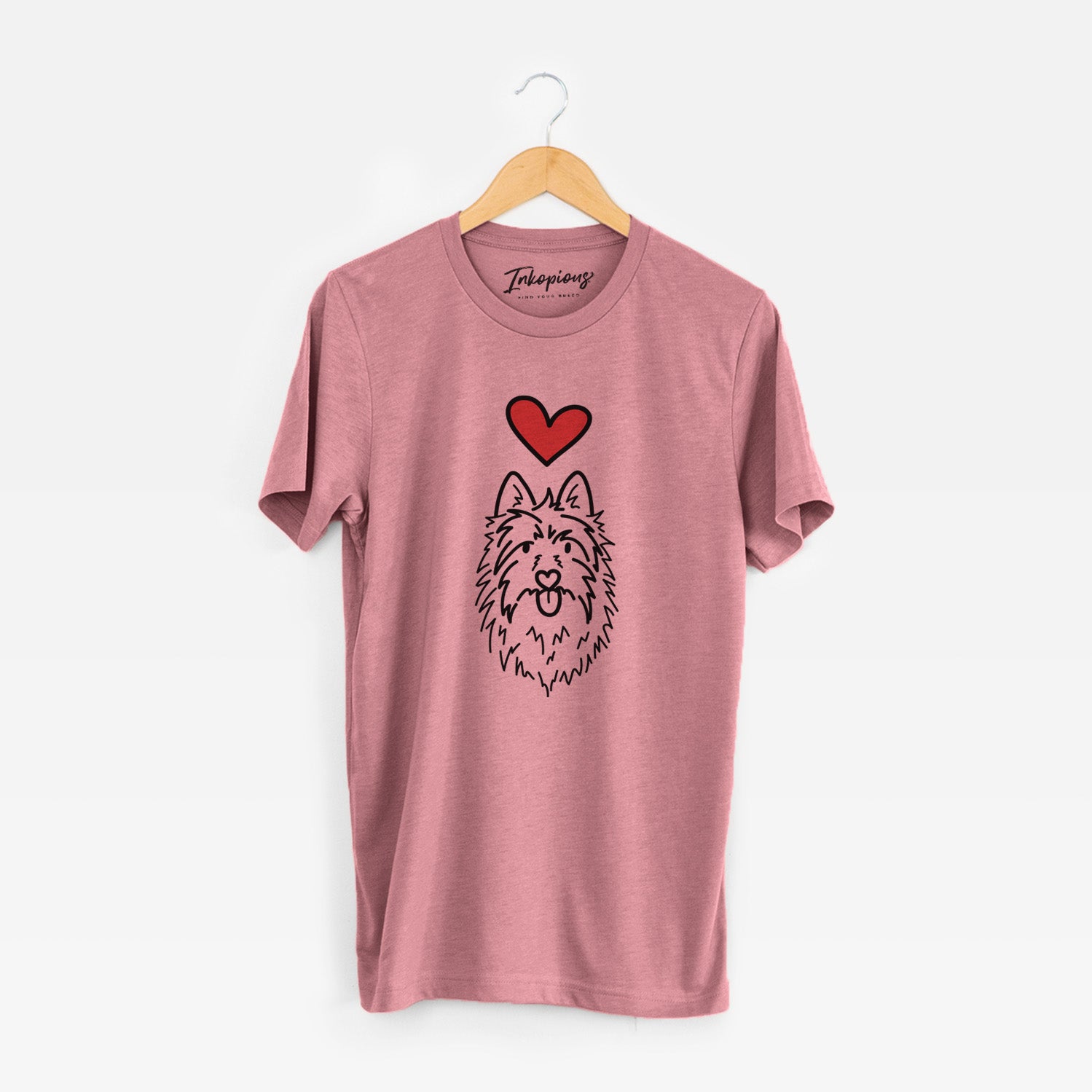 Minimalist line drawing of Digger the Australian Terrier with a red heart on a Mauve Unisex crewneck
