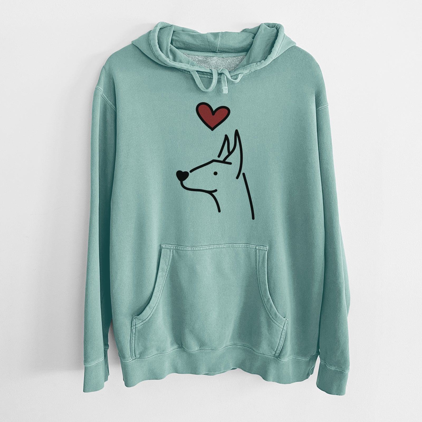 Minimalist line drawing of a Doberman Pinscher with a red heart on a Mint Unisex pigment dyed hoodie