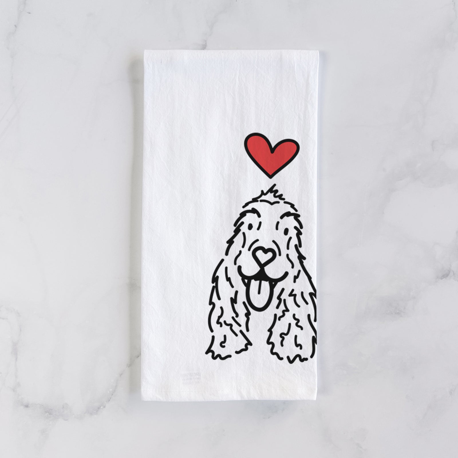 Minimalist line drawing of Dolly the English Cocker Spaniel with a red heart on a tea towel