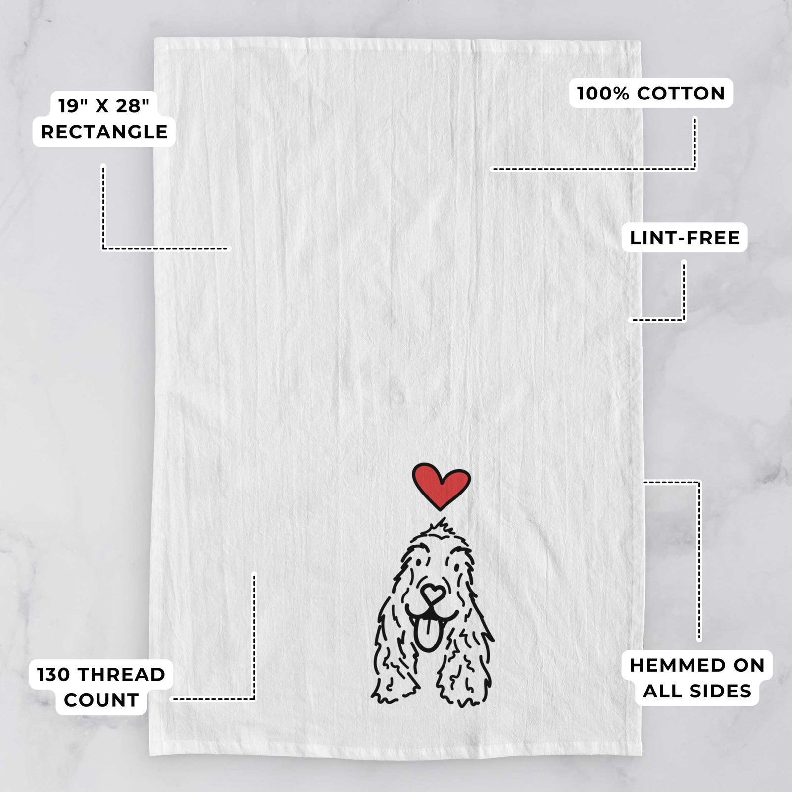 Minimalist line drawing of Dolly the English Cocker Spaniel with a red heart on a tea towel, with feature callouts: 19 x 28 inch rectangle, 100% cotton, lint-free, 120 thread count, hemmed on all sides