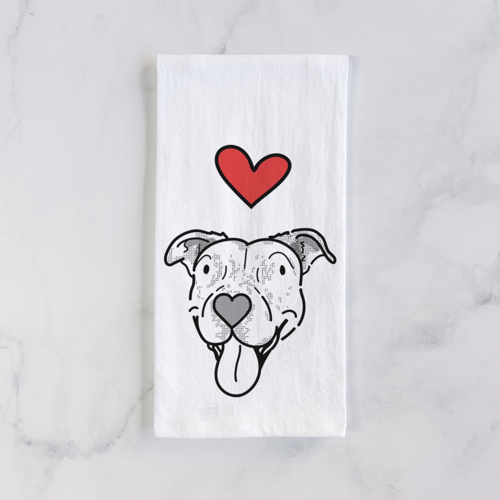 Minimalist line drawing of Dottie the Pitbull Mix with a red heart on a tea towel