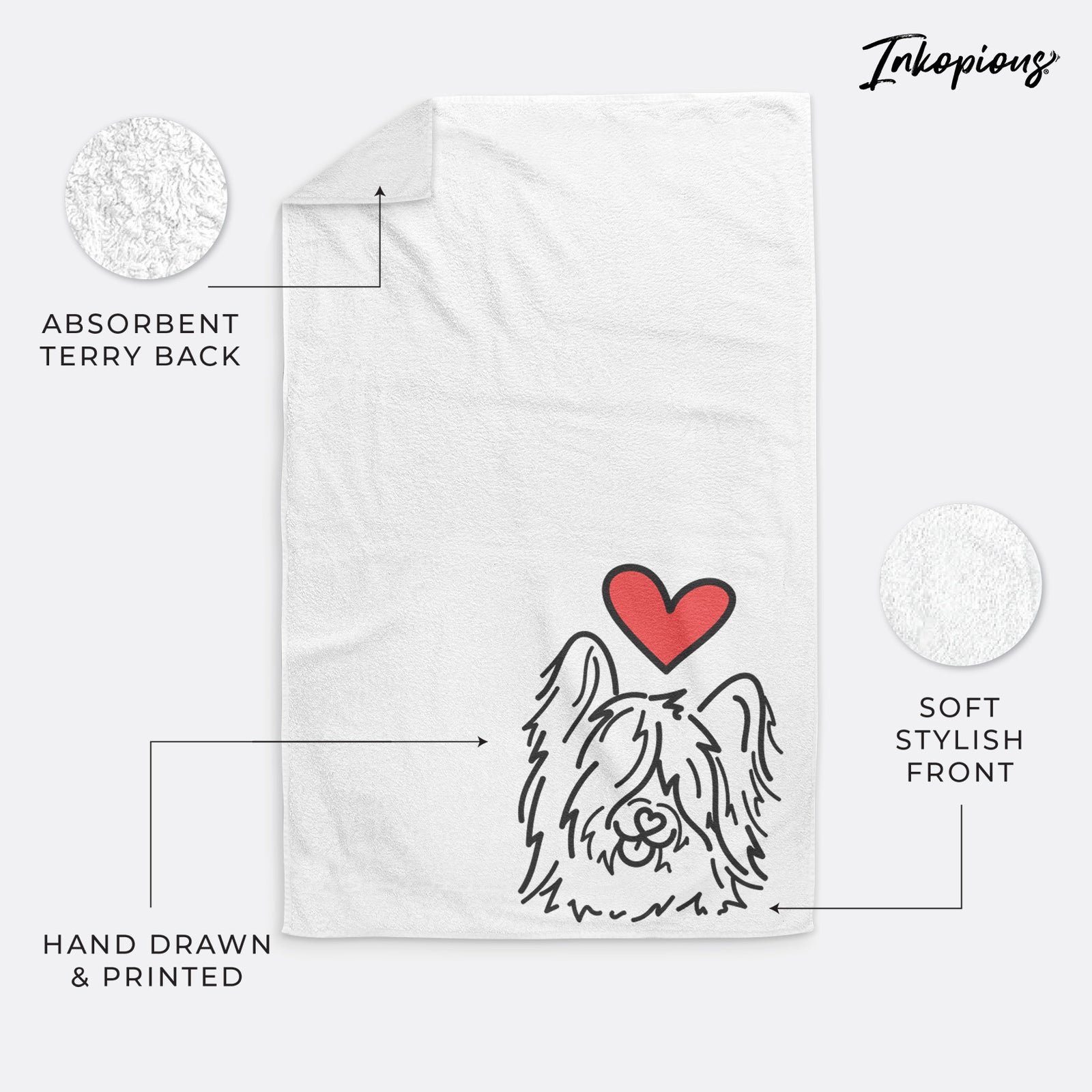 Minimalist line drawing of Dougal the Skye Terrier with a red heart on a hand towel