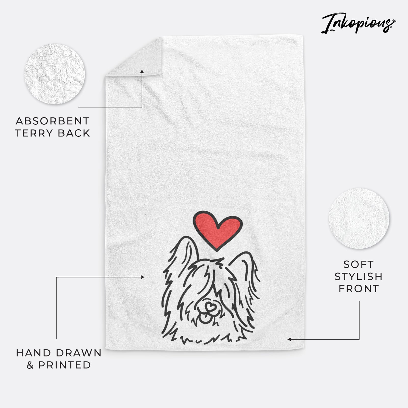 Minimalist line drawing of Dougal the Skye Terrier with a red heart on a hand towel