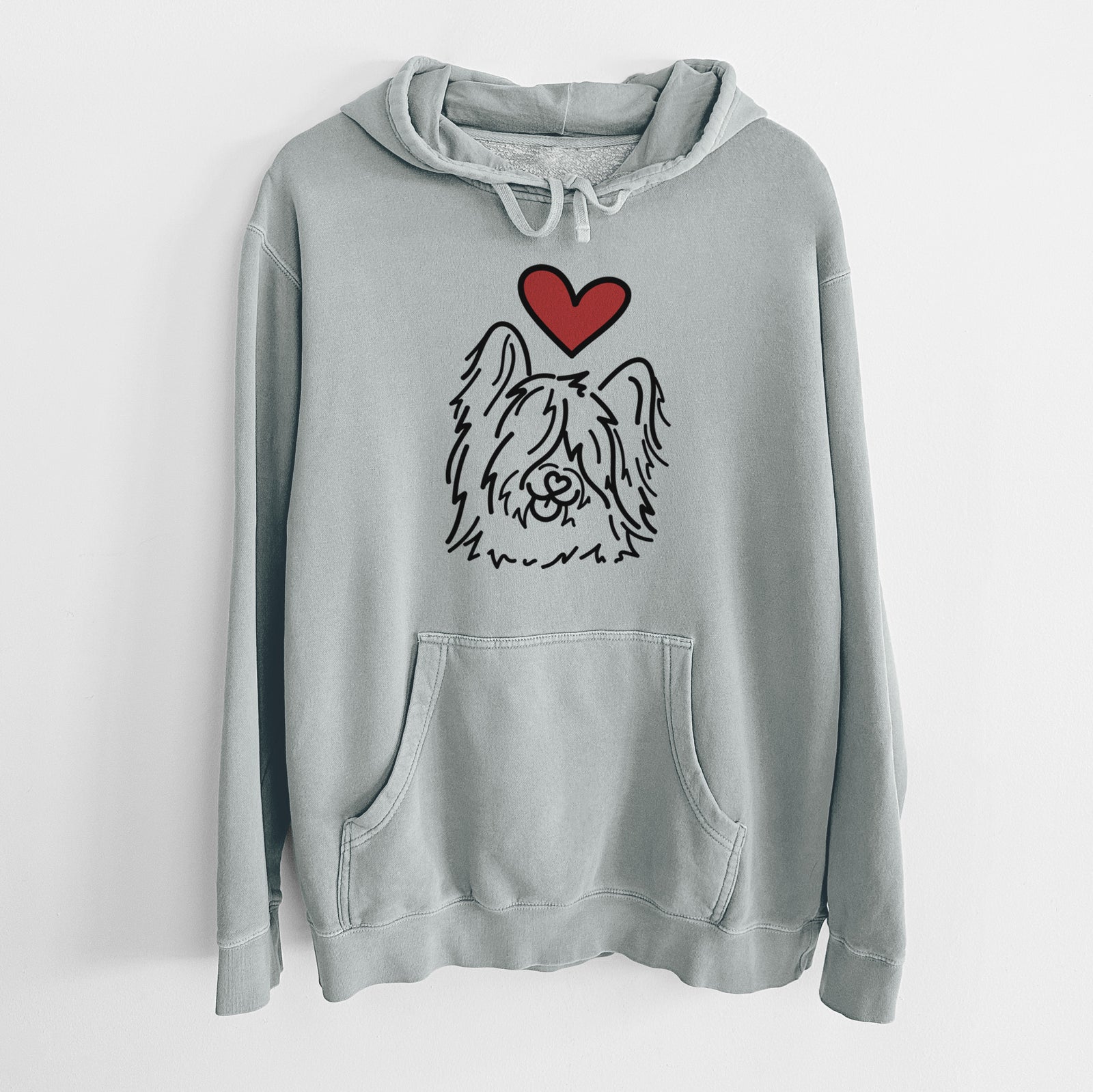 Minimalist line drawing of Dougal the Skye Terrier with a red heart on a Sage Unisex pigment dyed hoodie
