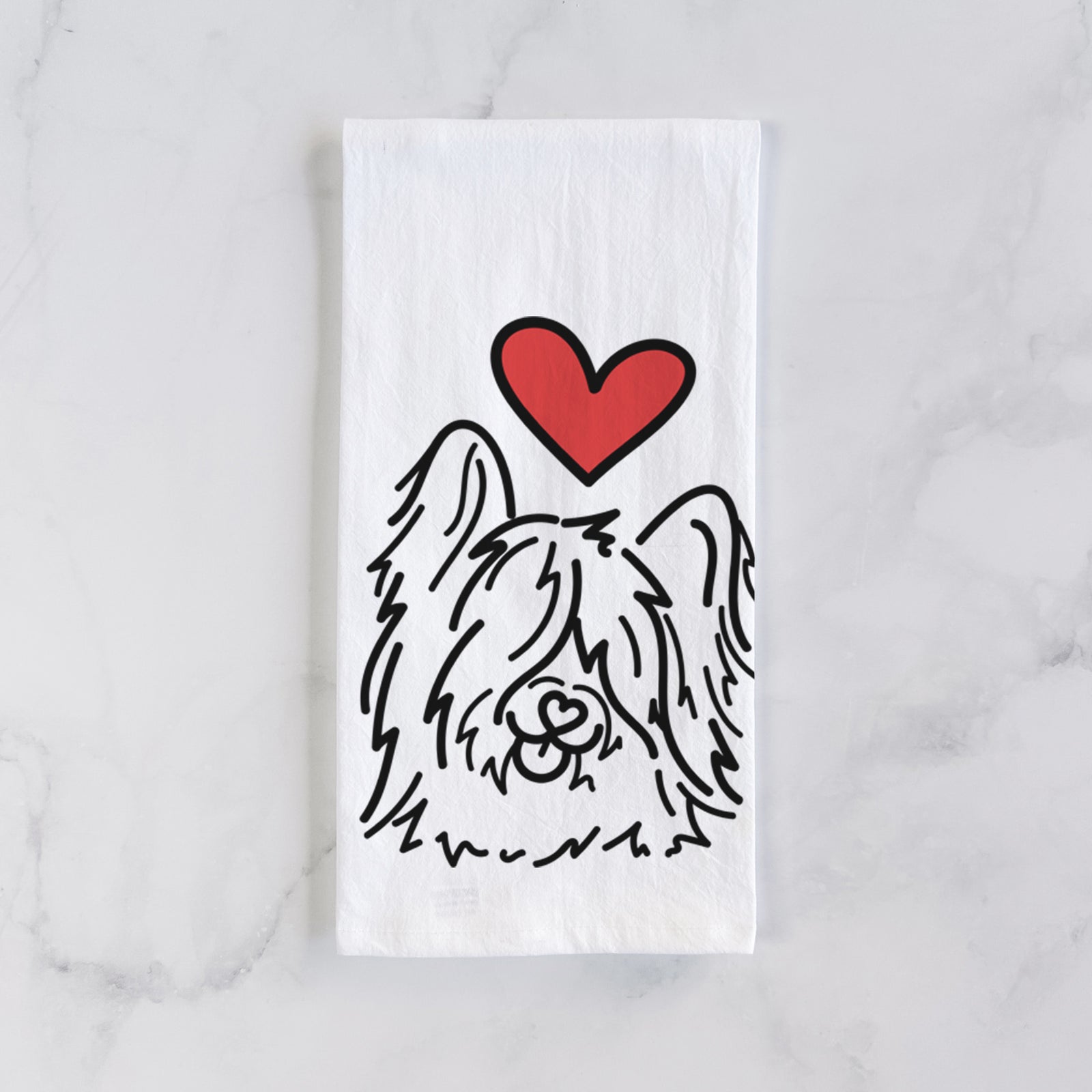 Minimalist line drawing of Dougal the Skye Terrier with a red heart on a tea towel