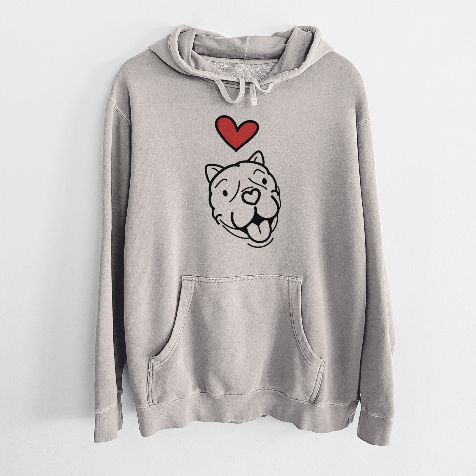 Minimalist line drawing of Draco the American Bulldog with a red heart on a Cement Unisex pigment dyed hoodie