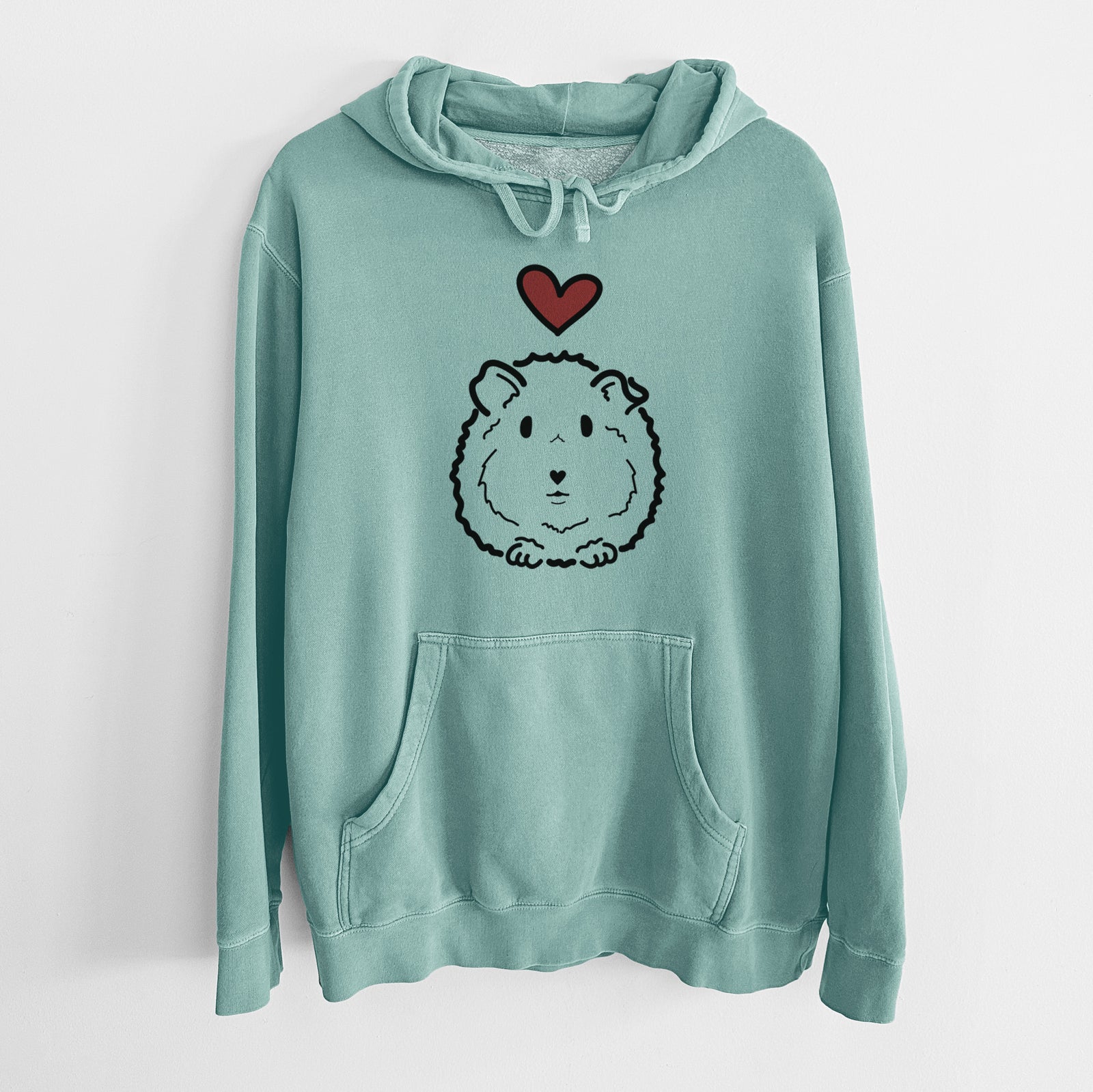 Minimalist line drawing of Duke the Guinea Pig with a red heart on a Mint Unisex pigment dyed hoodie