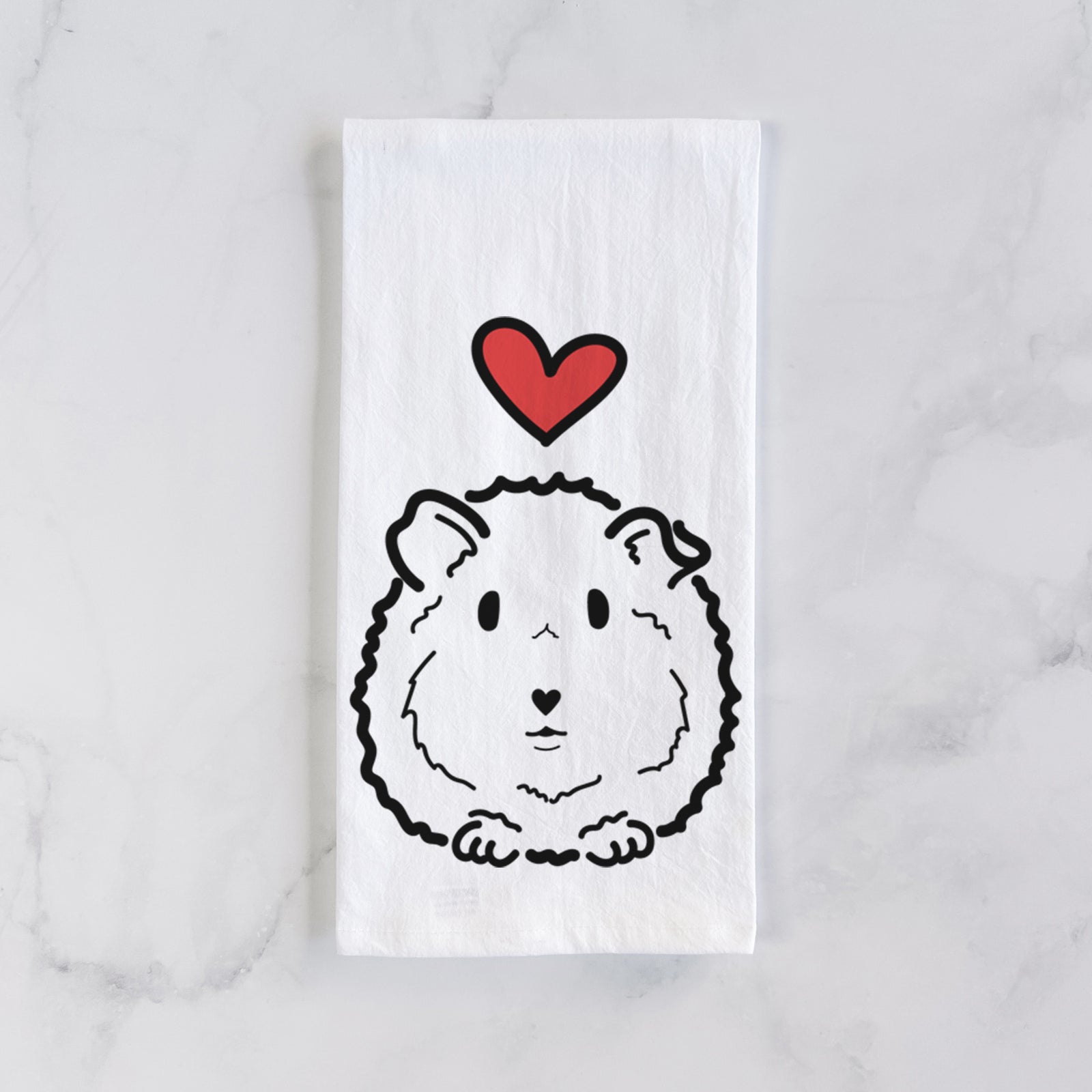 Minimalist line drawing of Duke the Guinea Pig with a red heart on a tea towel