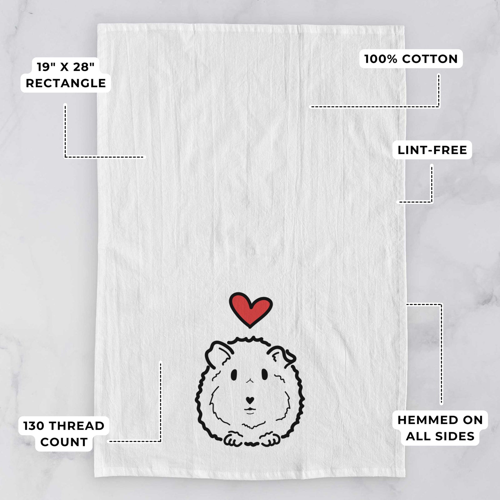 Minimalist line drawing of Duke the Guinea Pig with a red heart on a tea towel, with feature callouts: 19 x 28 inch rectangle, 100% cotton, lint-free, 120 thread count, hemmed on all sides