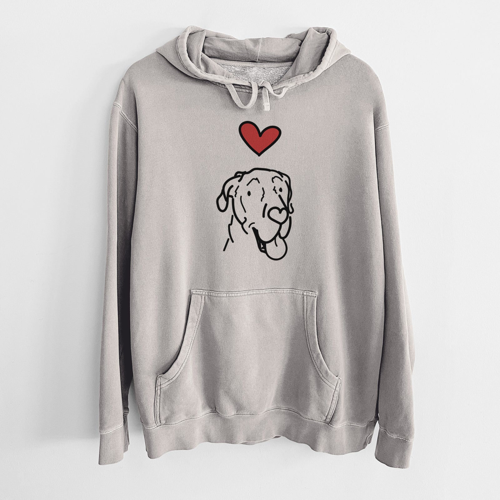 Minimalist line drawing of Duncan the Great Dane with a red heart on a Cement Unisex pigment dyed hoodie