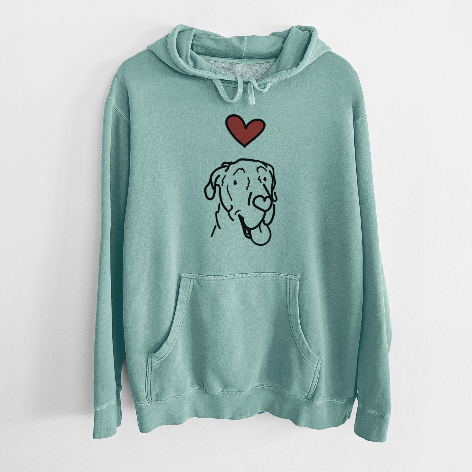 Minimalist line drawing of Duncan the Great Dane with a red heart on a Mint Unisex pigment dyed hoodie