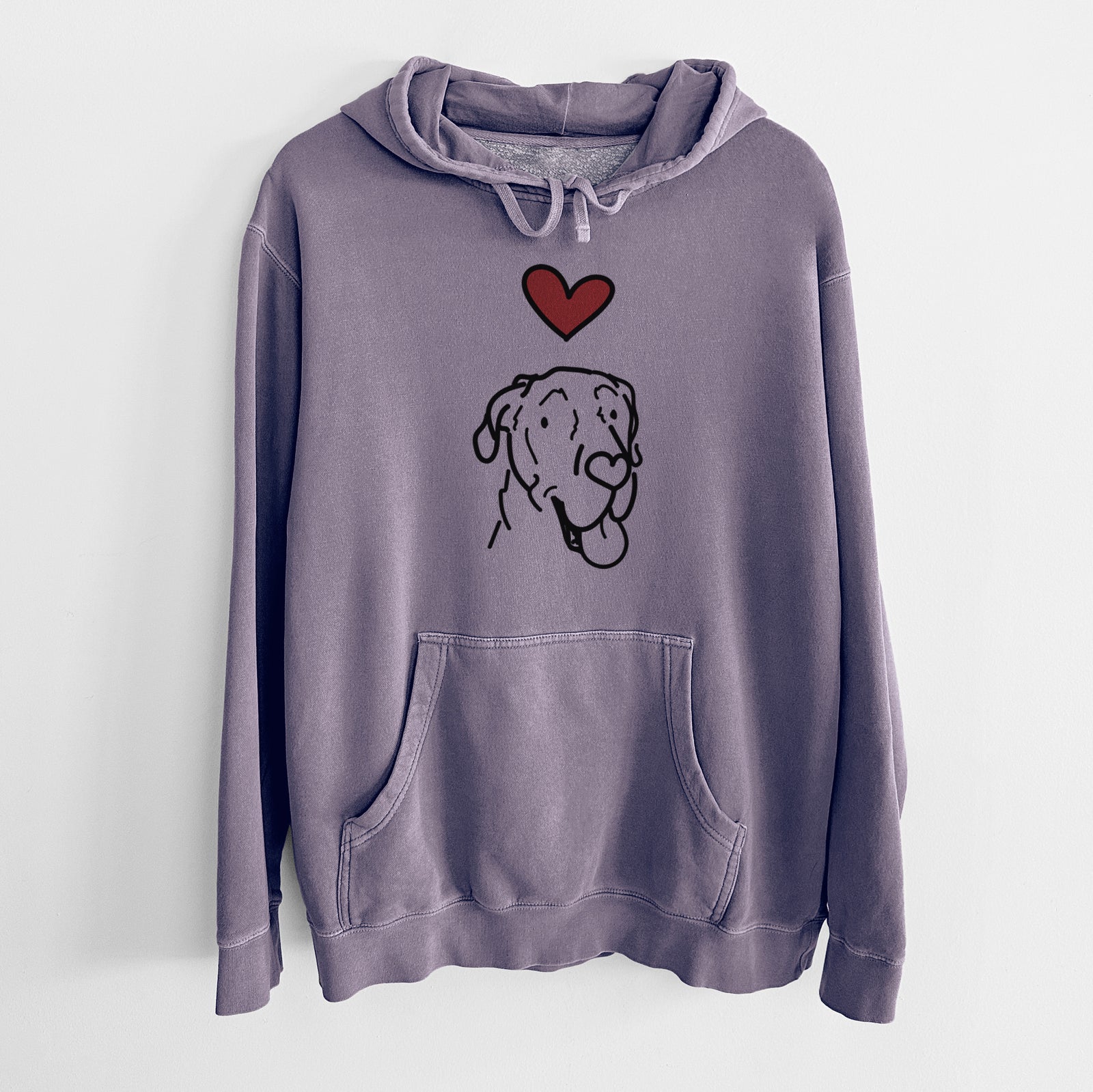 Minimalist line drawing of Duncan the Great Dane with a red heart on a Plum Unisex pigment dyed hoodie