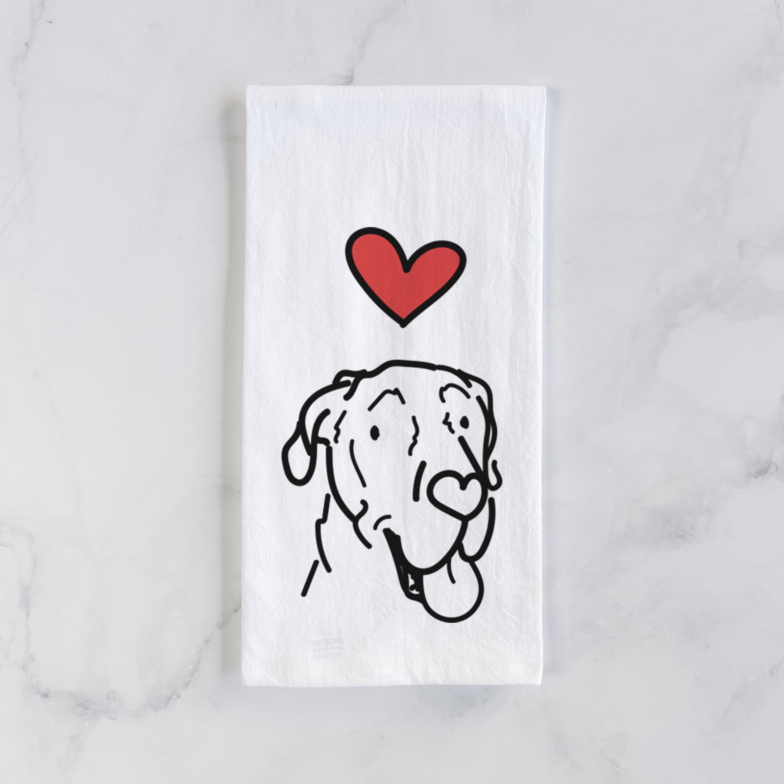 Minimalist line drawing of Duncan the Great Dane with a red heart on a tea towel