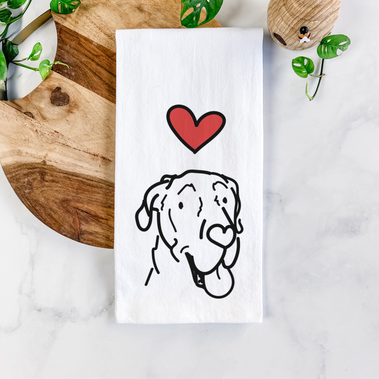 Minimalist line drawing of Duncan the Great Dane with a red heart on a tea towel