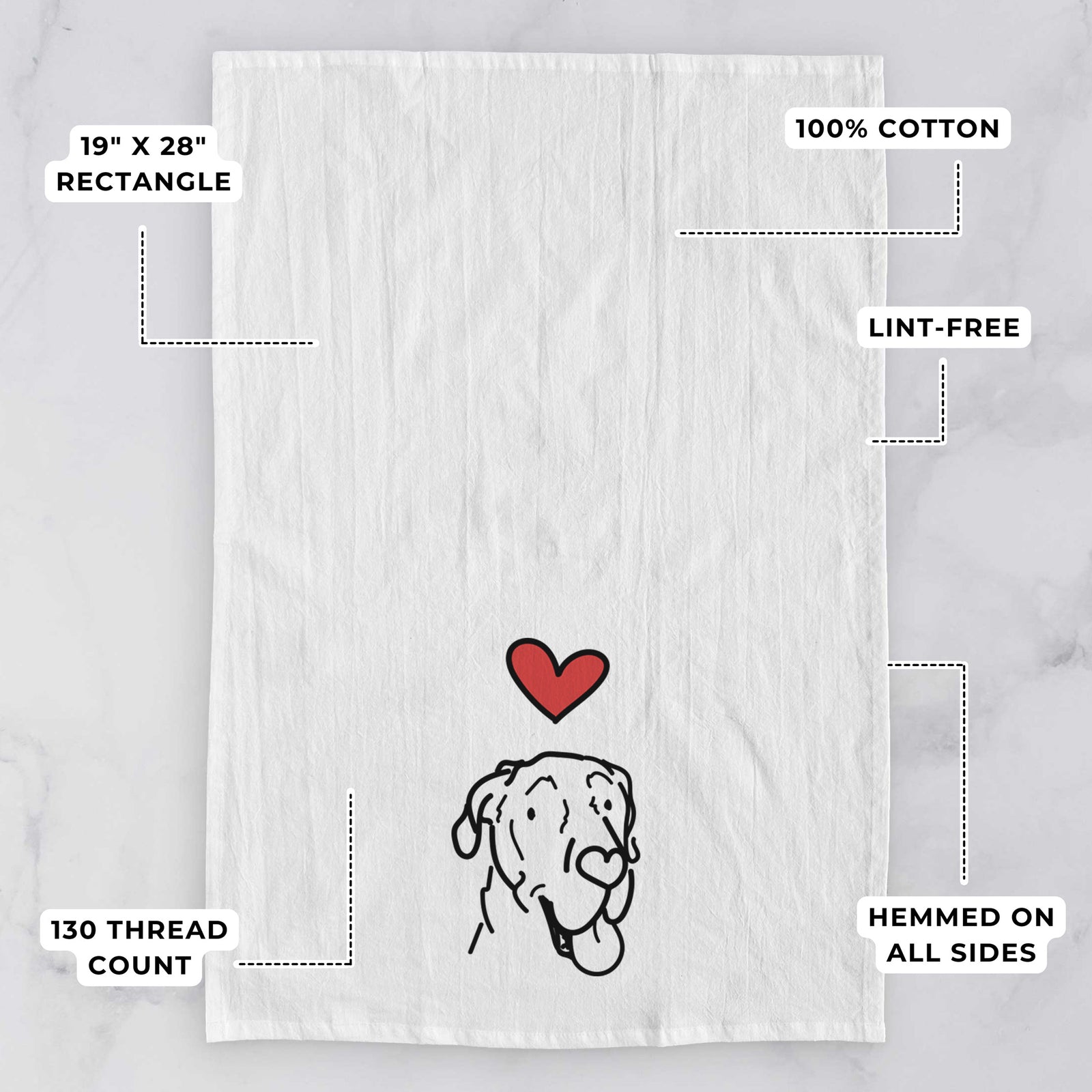 Minimalist line drawing of Duncan the Great Dane with a red heart on a tea towel, with feature callouts: 19 x 28 inch rectangle, 100% cotton, lint-free, 120 thread count, hemmed on all sides