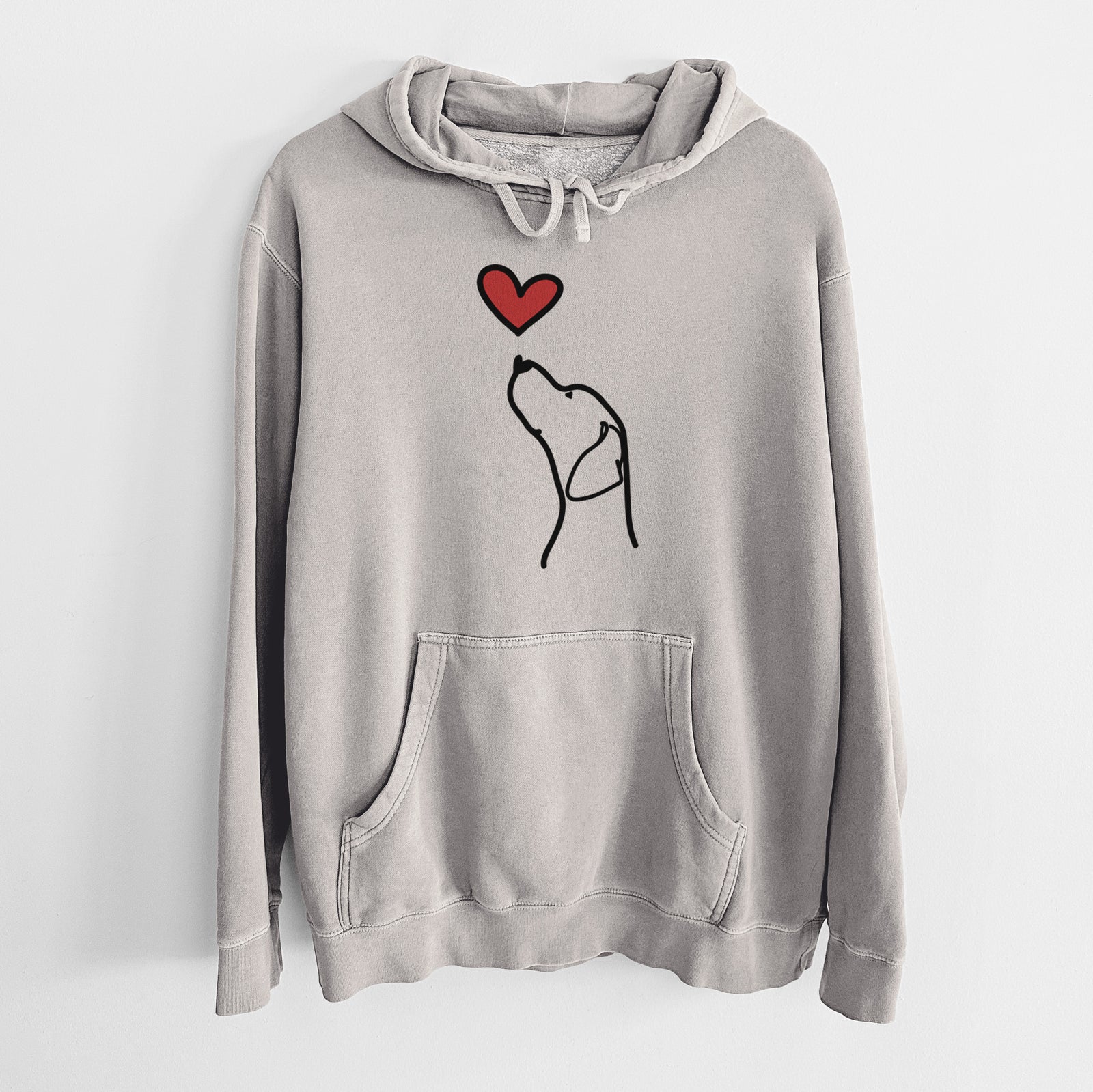 Minimalist line drawing of an English Pointer Profile with a red heart on a Cement Unisex pigment dyed hoodie