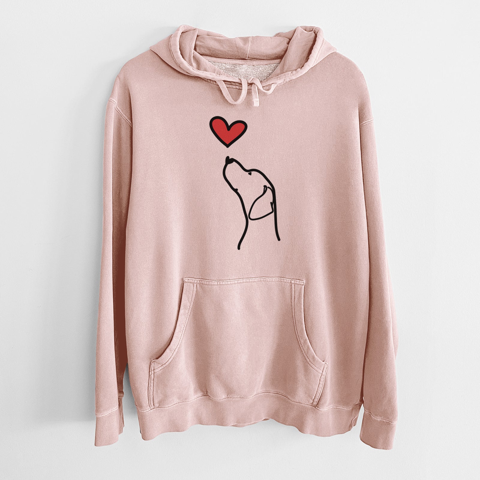 Minimalist line drawing of an English Pointer Profile with a red heart on a Dusty Pink Unisex pigment dyed hoodie